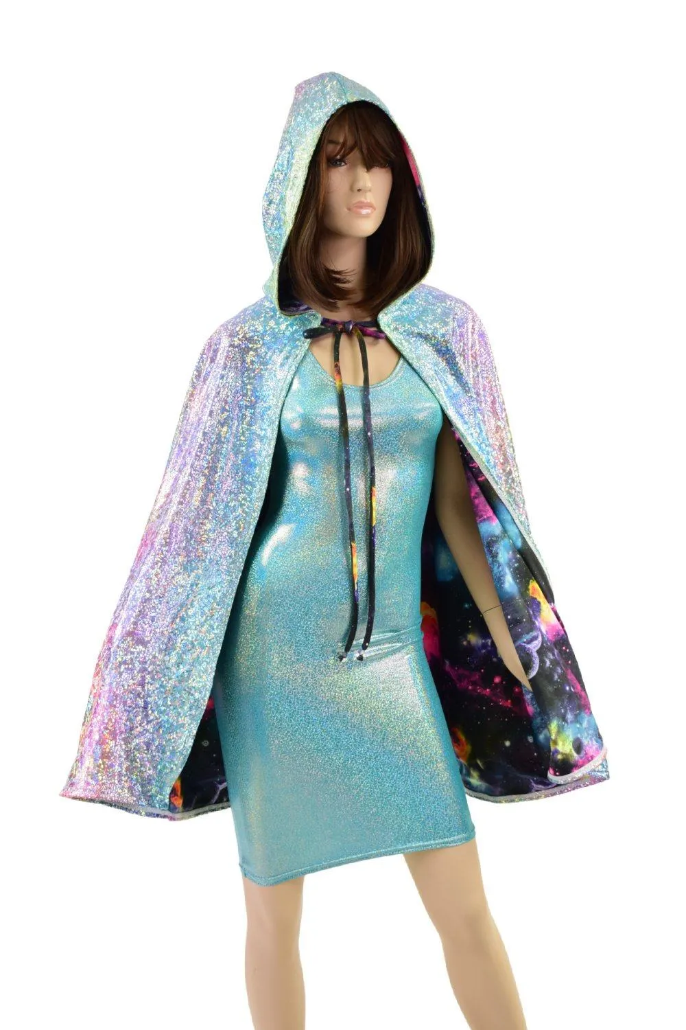 35" Hooded Rainbow Shattered Glass Cape with Galaxy Lining