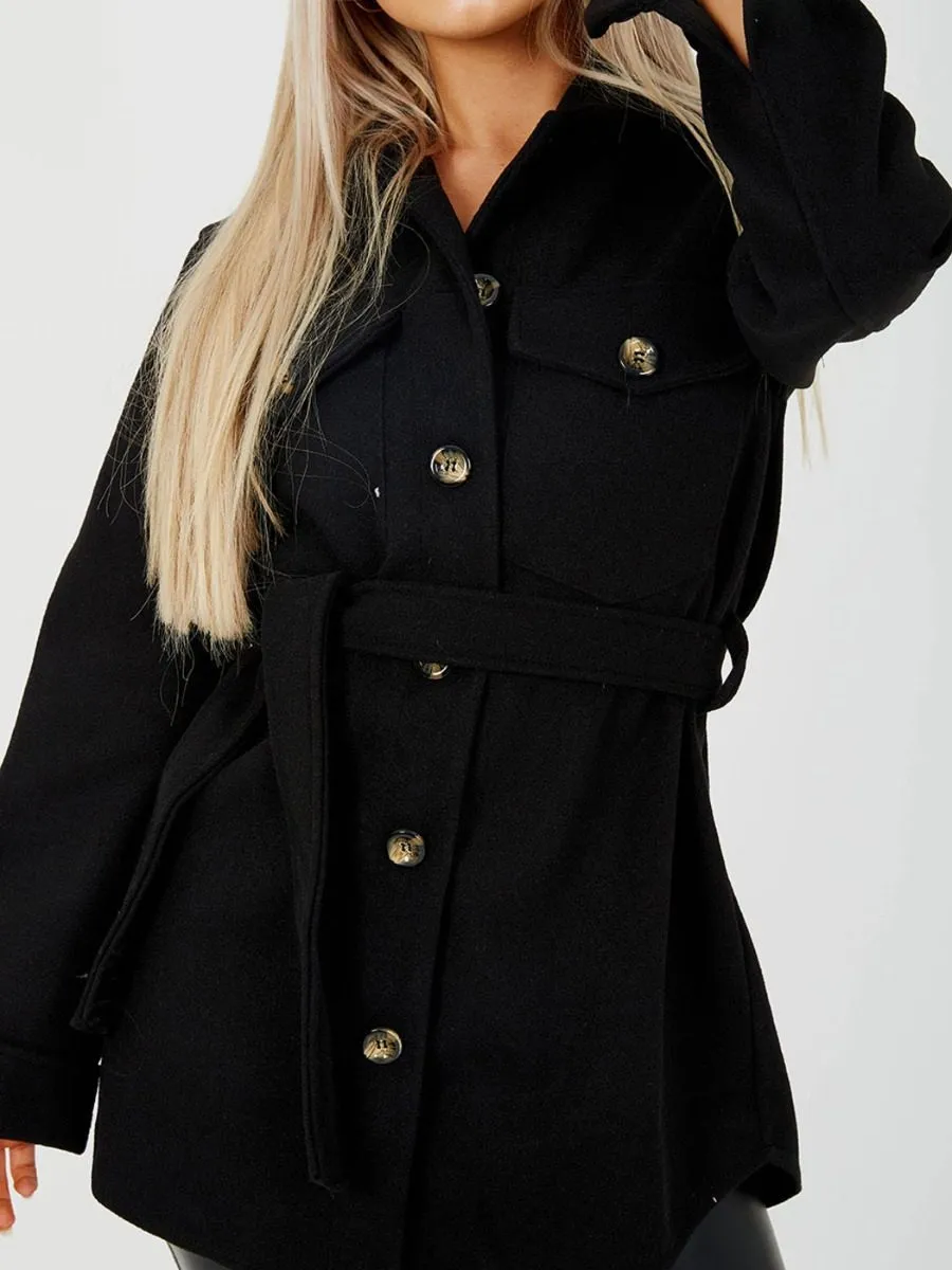 Alix Oversized Thick Belted Shacket In Black