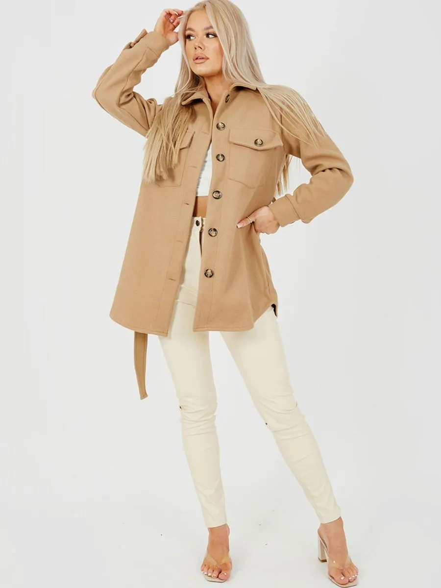 Alix Oversized Thick Belted Shacket In Camel