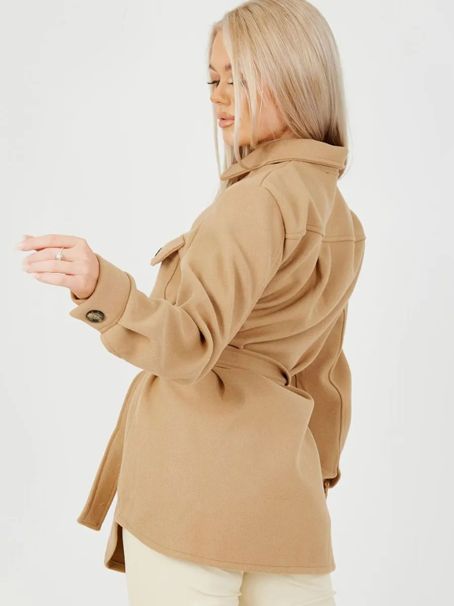 Alix Oversized Thick Belted Shacket In Camel