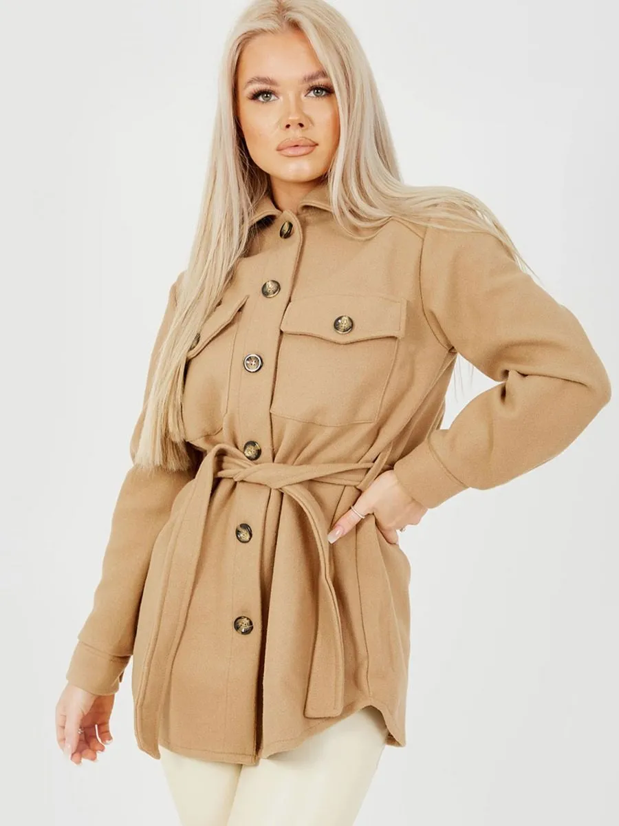 Alix Oversized Thick Belted Shacket In Camel