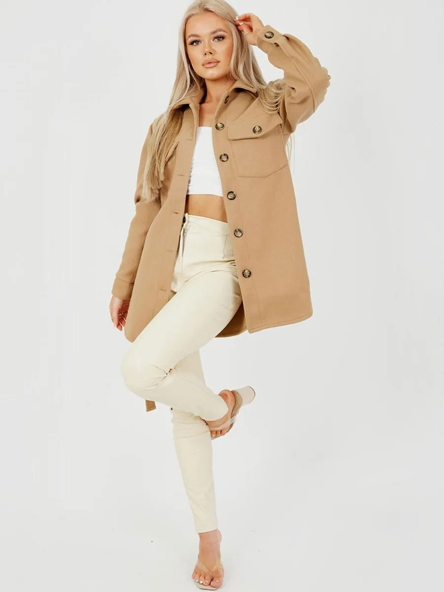 Alix Oversized Thick Belted Shacket In Camel