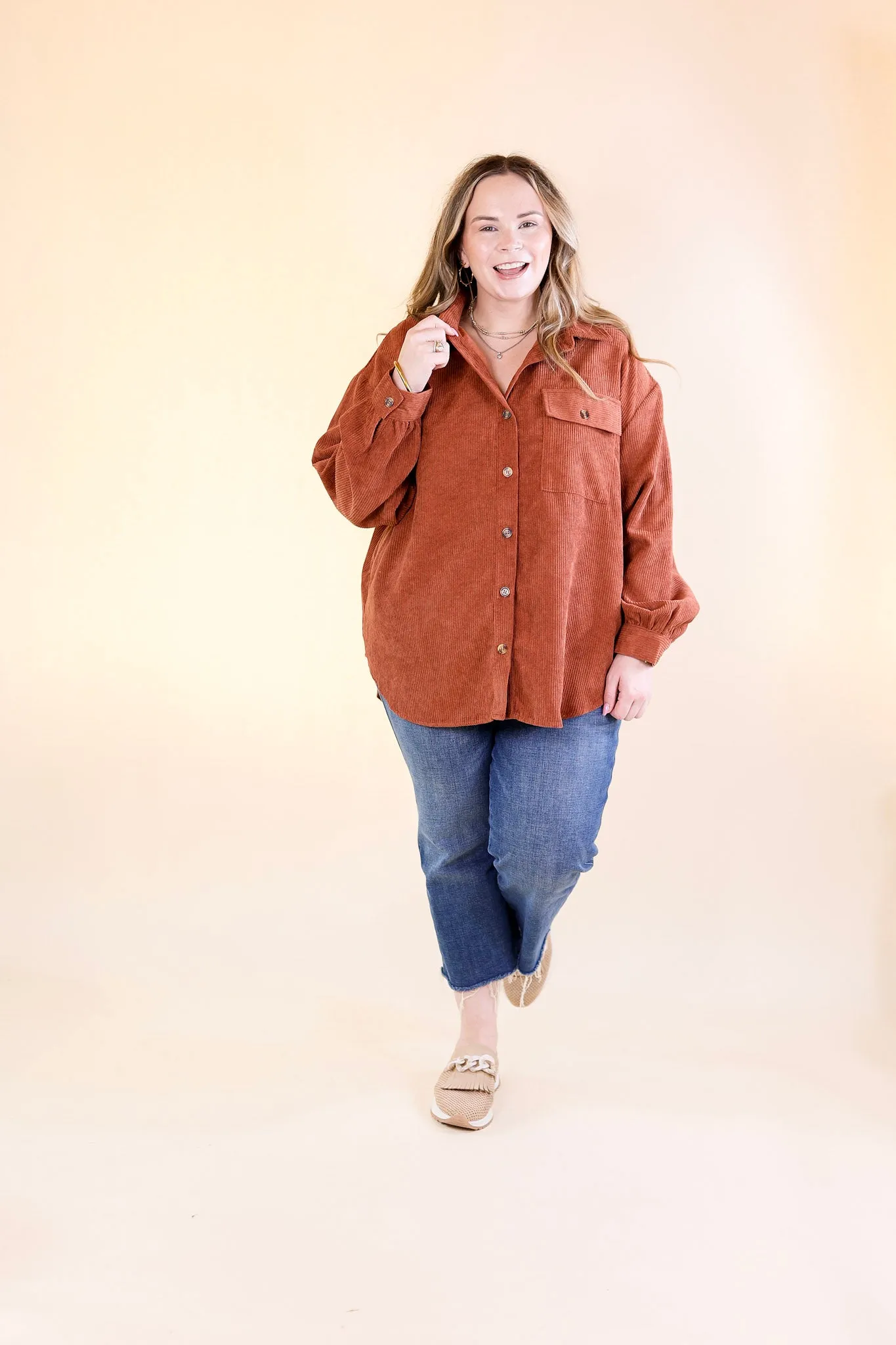 All Dolled Up Button Up Corduroy Shacket in Rust Brown