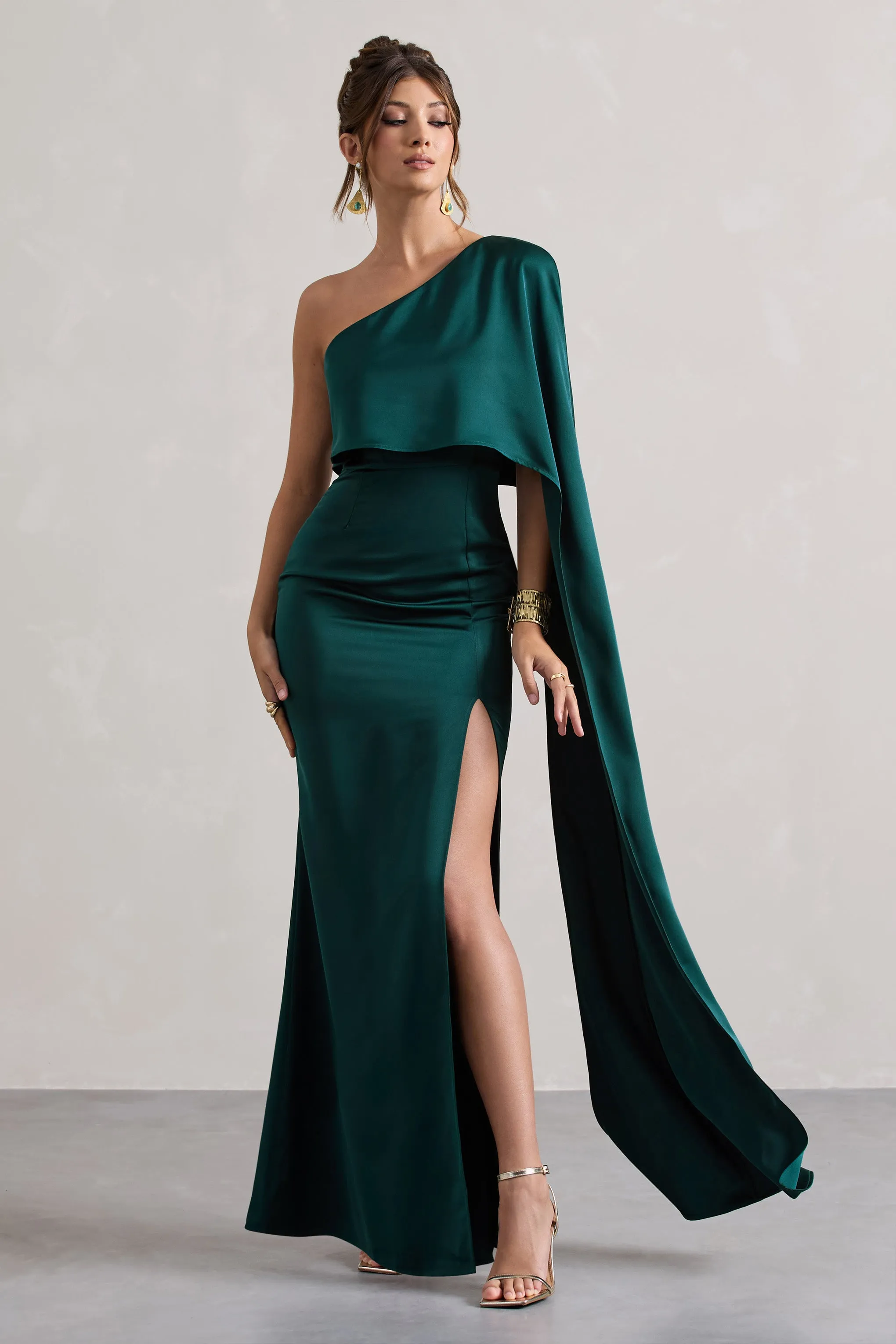 Amora | Bottle Green Satin Asymmetric Cape-Sleeve Split Maxi Dress