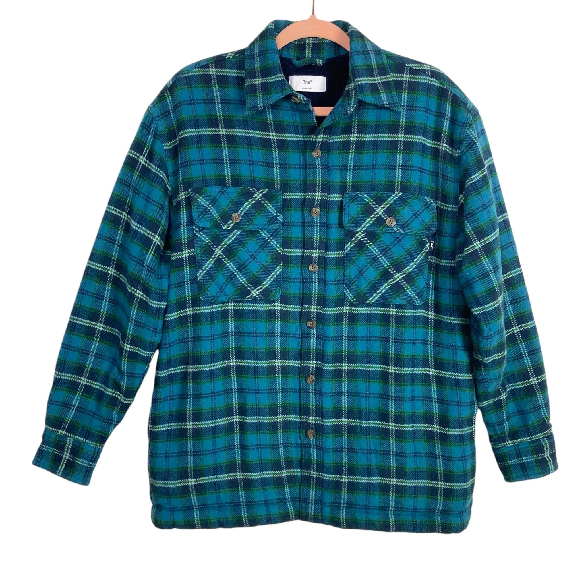 Aritzia TNA Blue and Green Plaid Sherpa Lined Shacket- Size 1