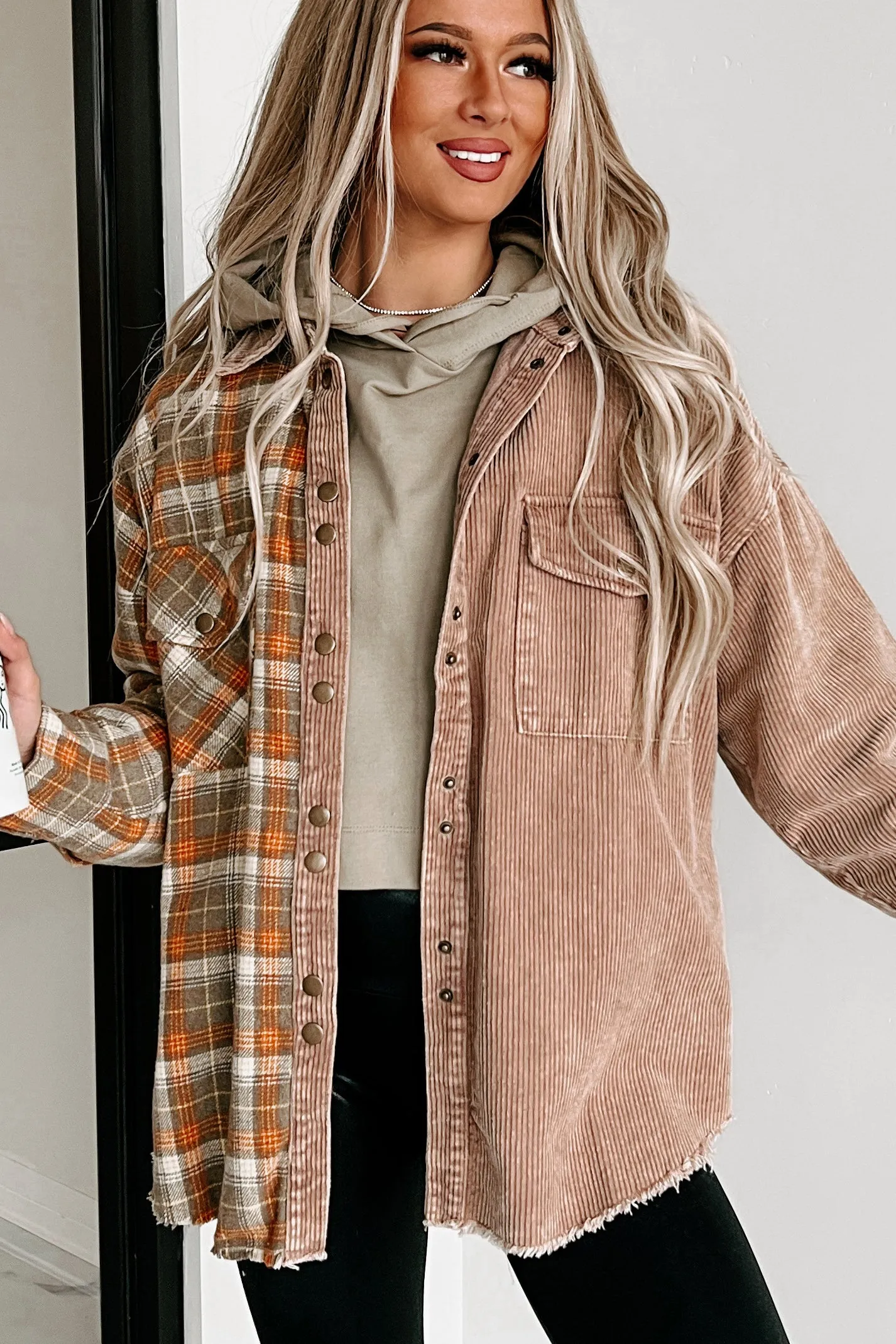 Asheville Adventures Plaid/Corduroy Contrast Shacket (Taupe Multi)