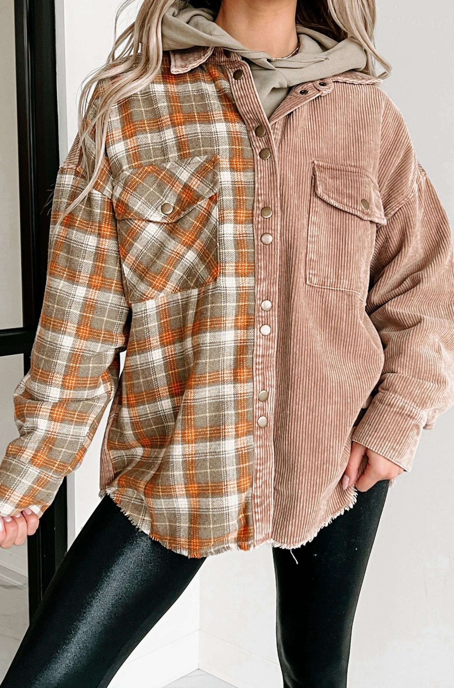 Asheville Adventures Plaid/Corduroy Contrast Shacket (Taupe Multi)