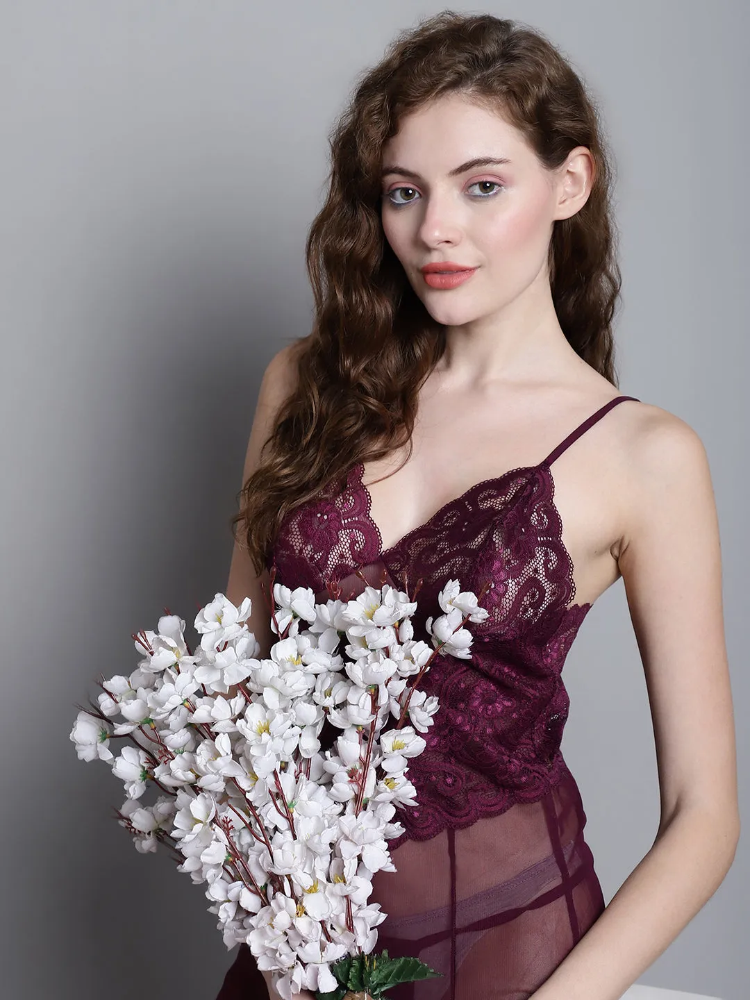 Babydoll Overall Intricate Lacy Dress - Wine