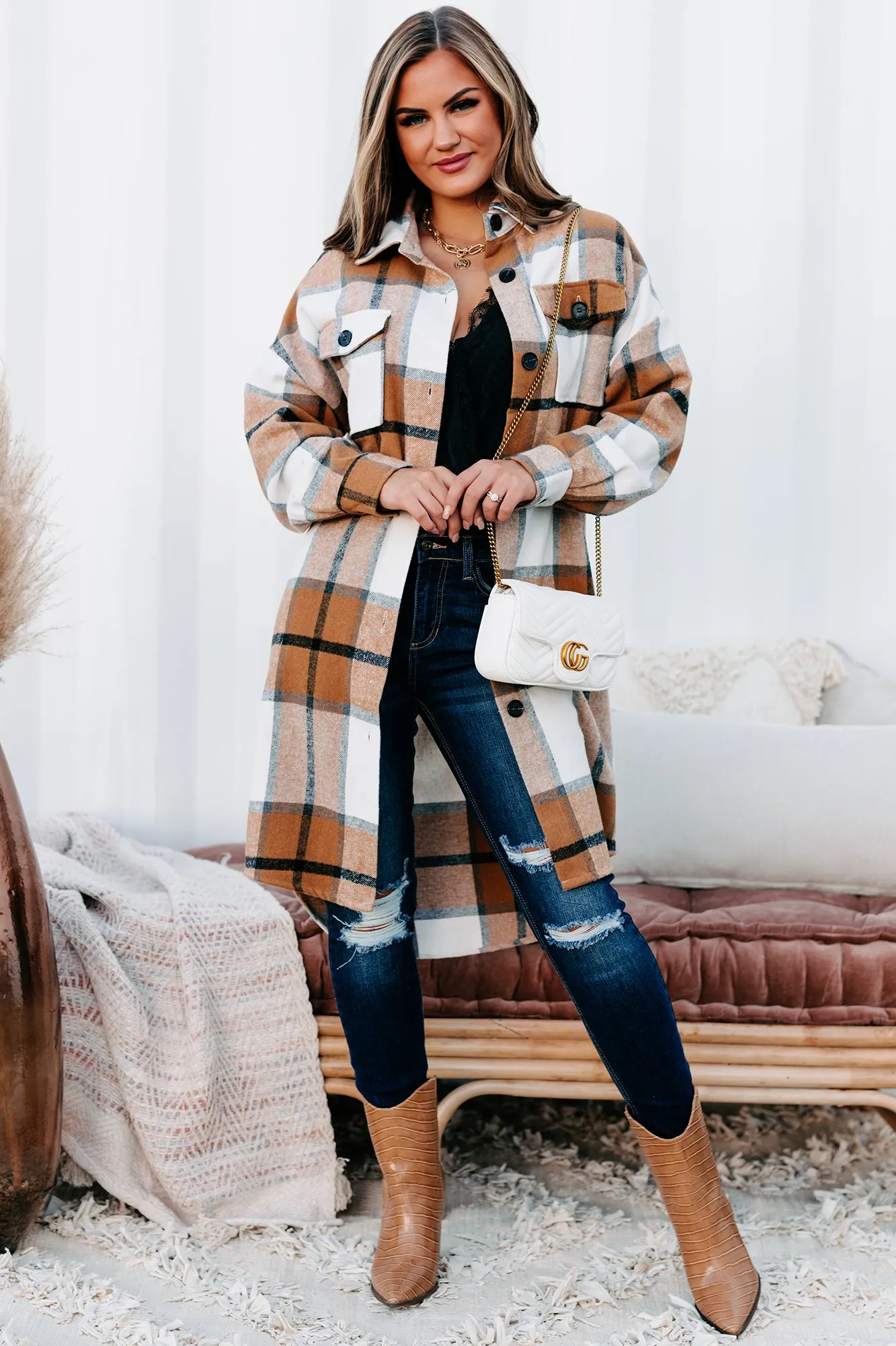 Beale Street Blues Long Plaid Shacket (Camel Combo)