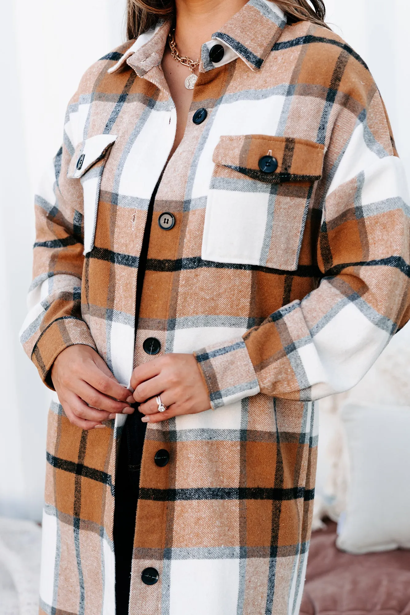 Beale Street Blues Long Plaid Shacket (Camel Combo)