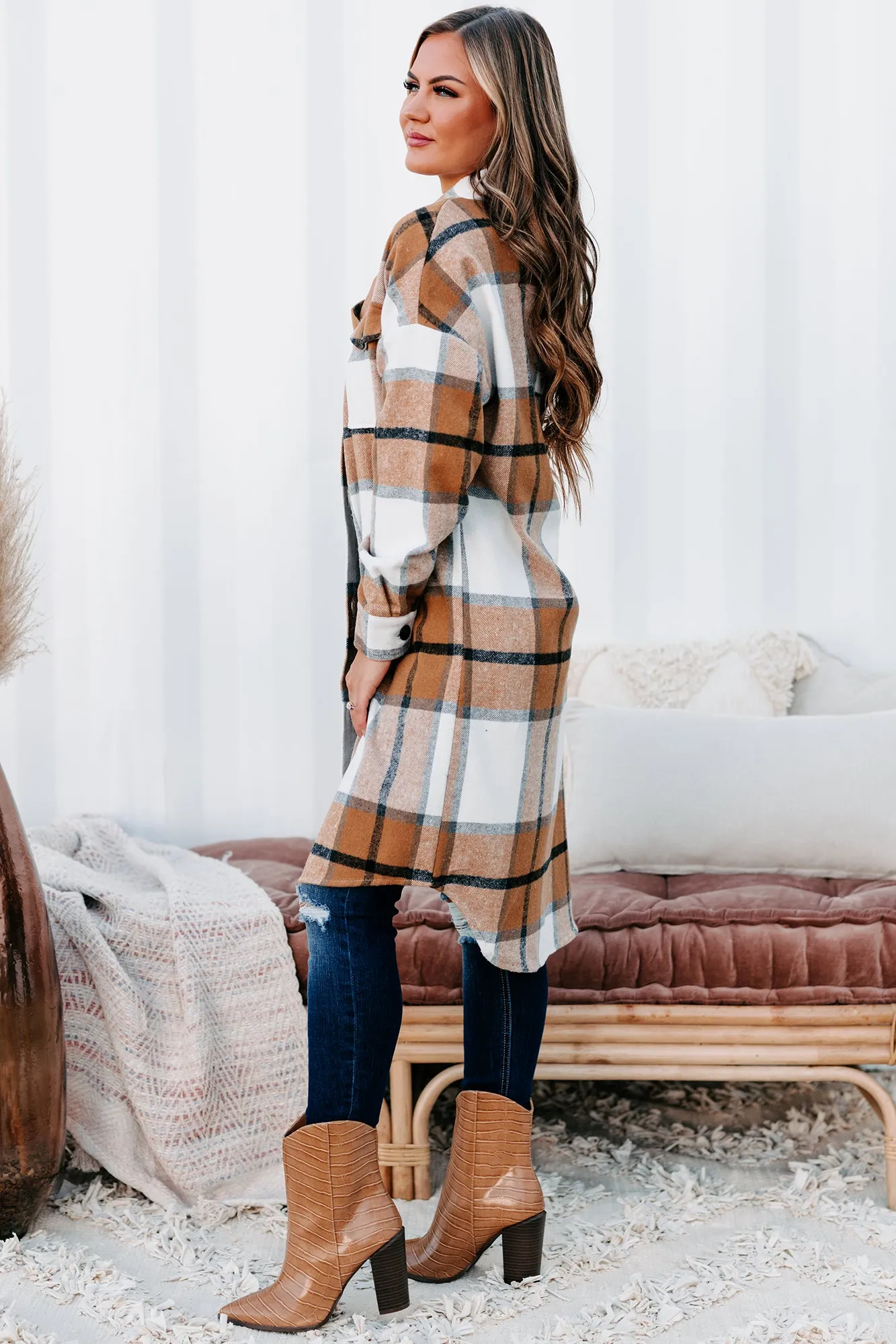 Beale Street Blues Long Plaid Shacket (Camel Combo)