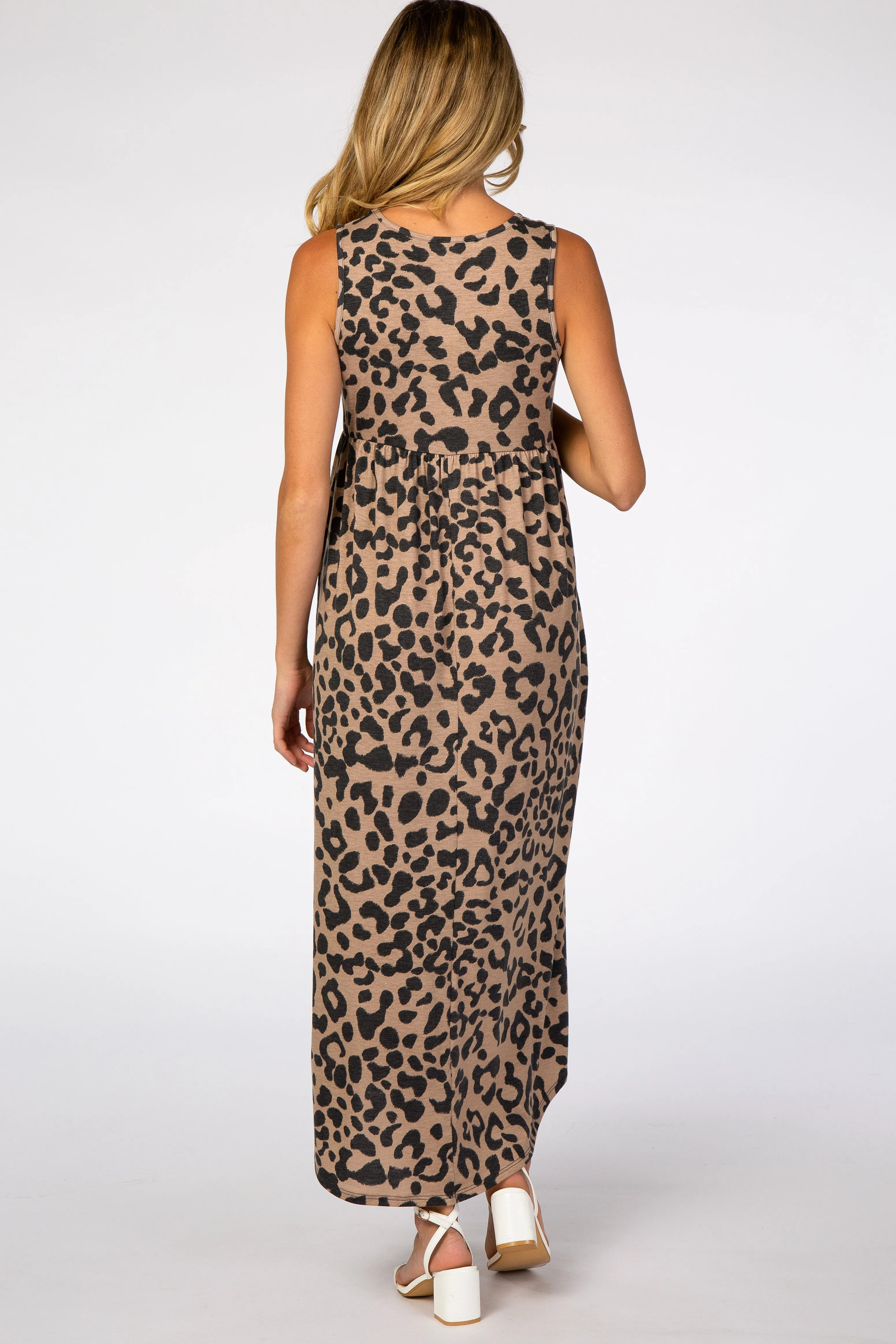 Beige Animal Print Babydoll Sleeveless Maternity Maxi Dress