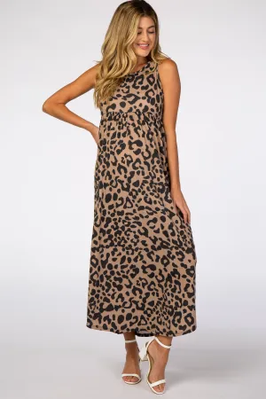 Beige Animal Print Babydoll Sleeveless Maternity Maxi Dress