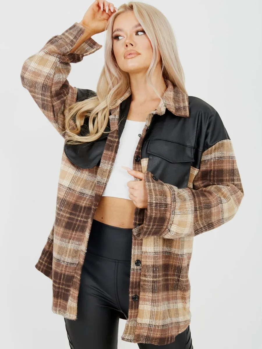 Belle PU Detail Oversized Thick Checked Shacket In Brown