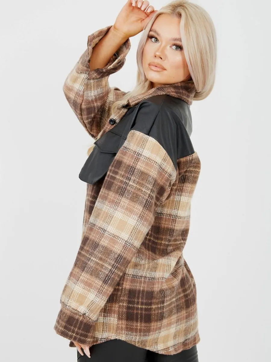 Belle PU Detail Oversized Thick Checked Shacket In Brown