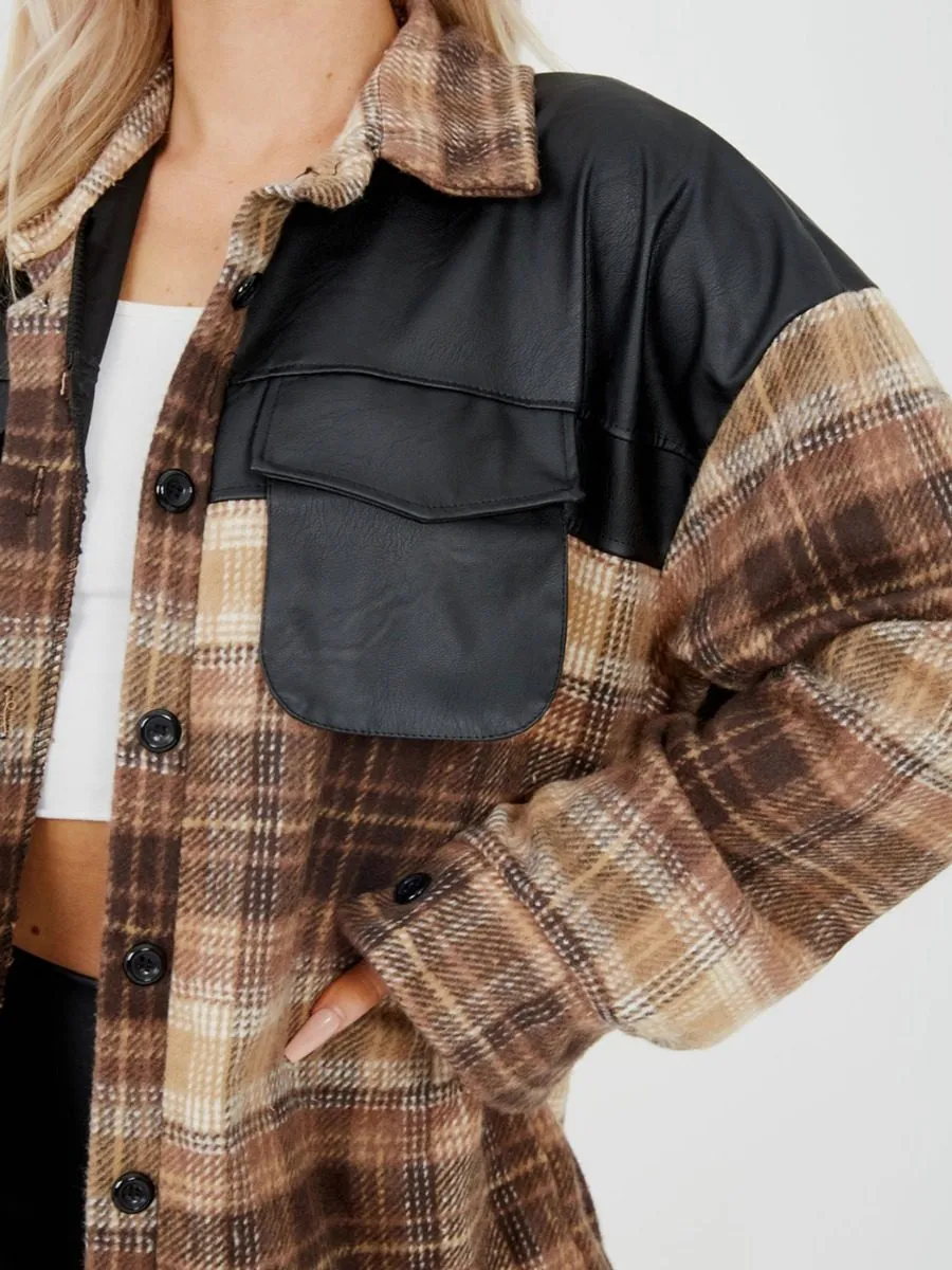 Belle PU Detail Oversized Thick Checked Shacket In Brown