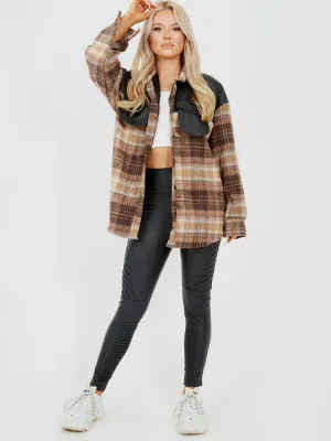 Belle PU Detail Oversized Thick Checked Shacket In Brown