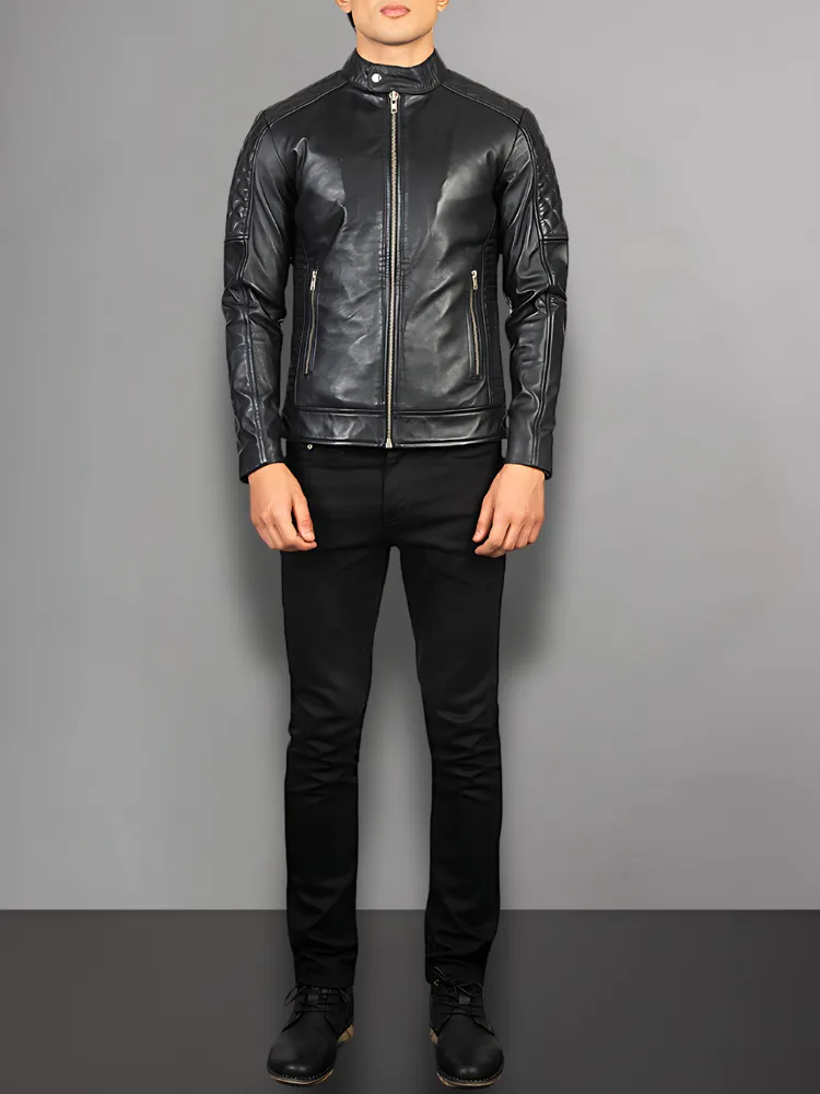 Black Cafe Racer Motorcycle Leather Jacket