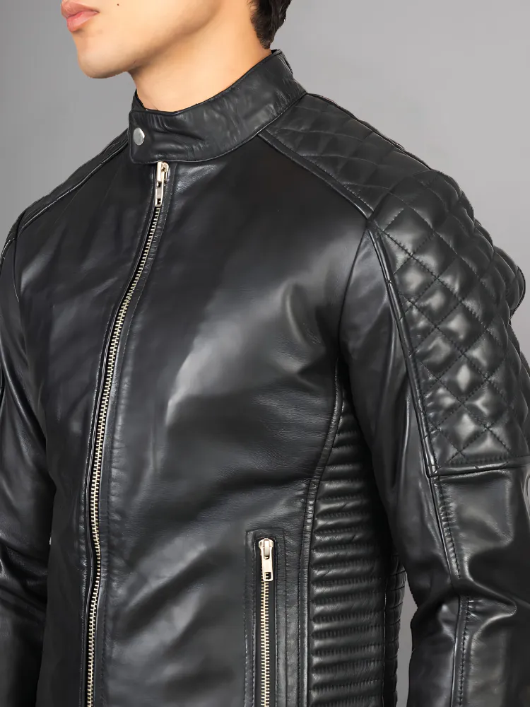 Black Cafe Racer Motorcycle Leather Jacket