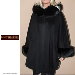 Black Cashmere Cape with Black Fox Fur Trim - Loro Piana - EXOMIS WS