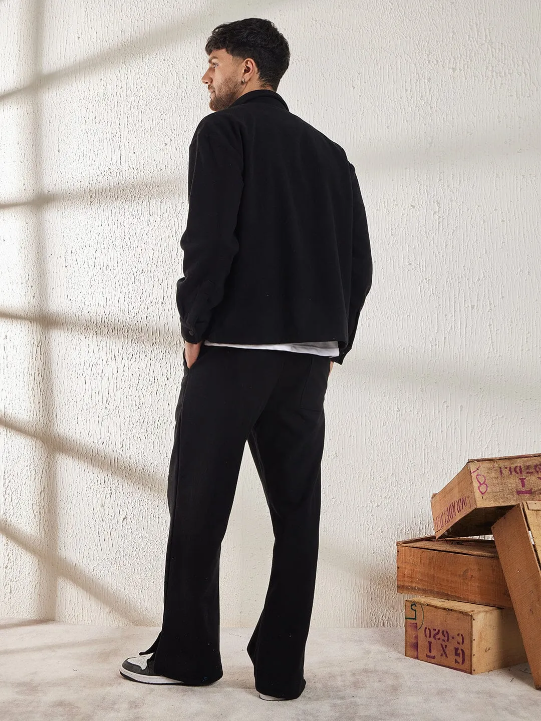 Black Polar Fleece Shacket and Trackpants Clothing Set