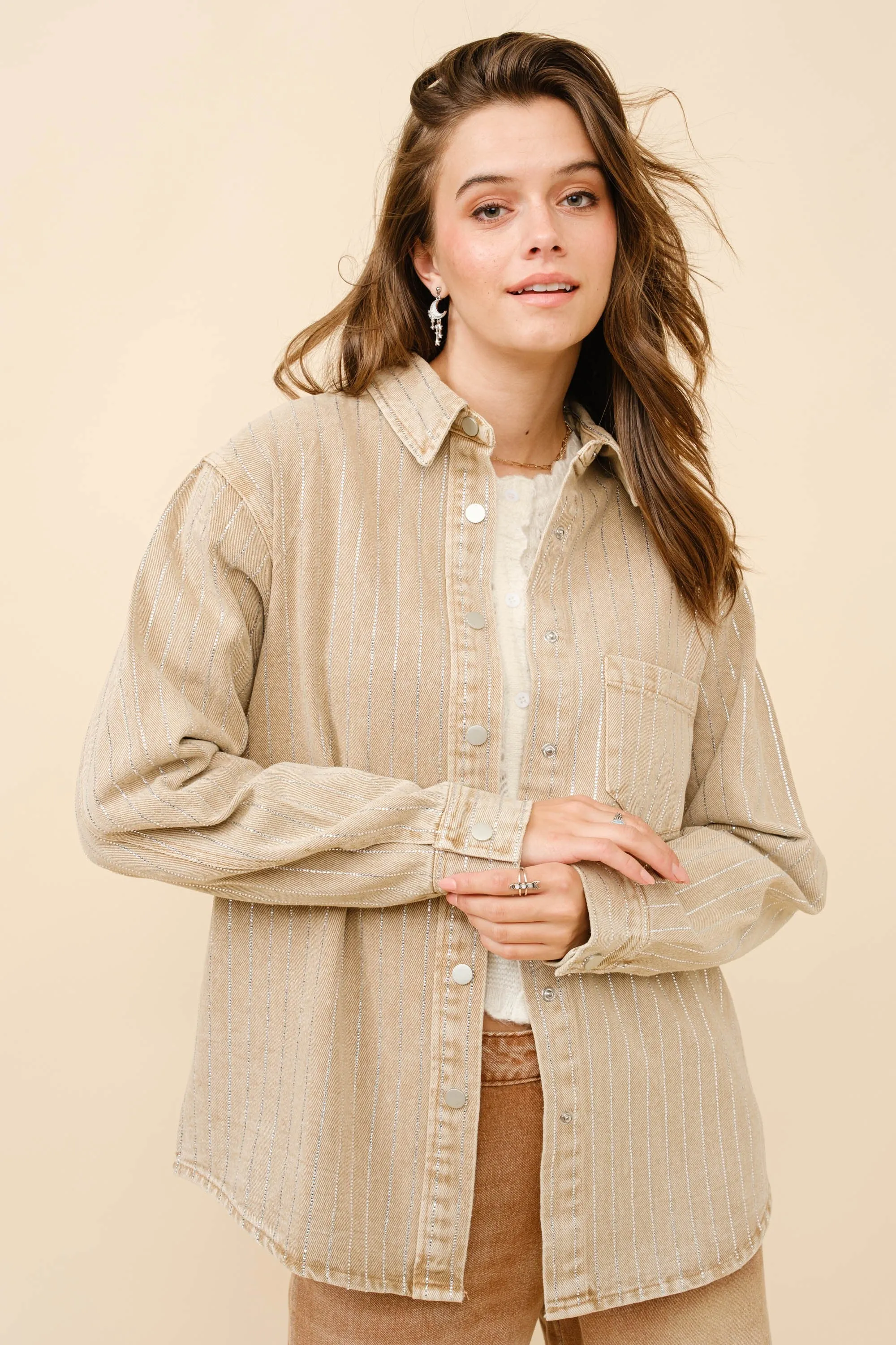 Blue B Denim Boyfriend Shirt Jacket with Embellished Sparkle Stone Pinstripes in Camel