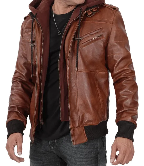 Bomber Brown Leather Jacket With Hood