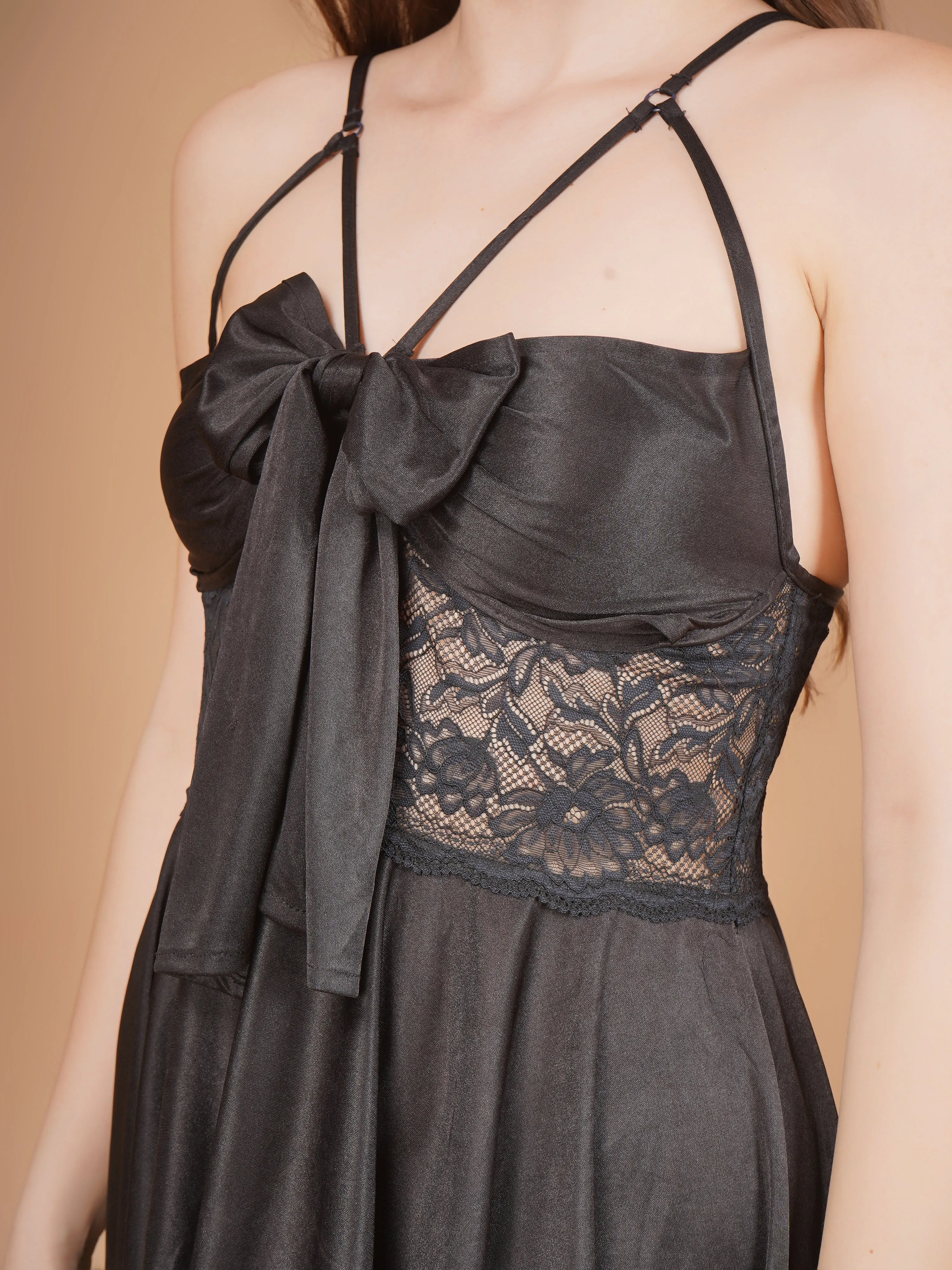 Bow-Tie Detailed Black satin Babydoll Dress