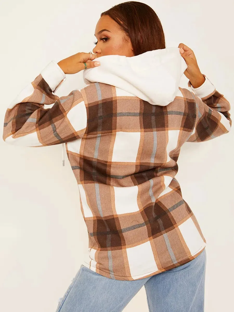 Brown Check Jacket Shacket With Hood