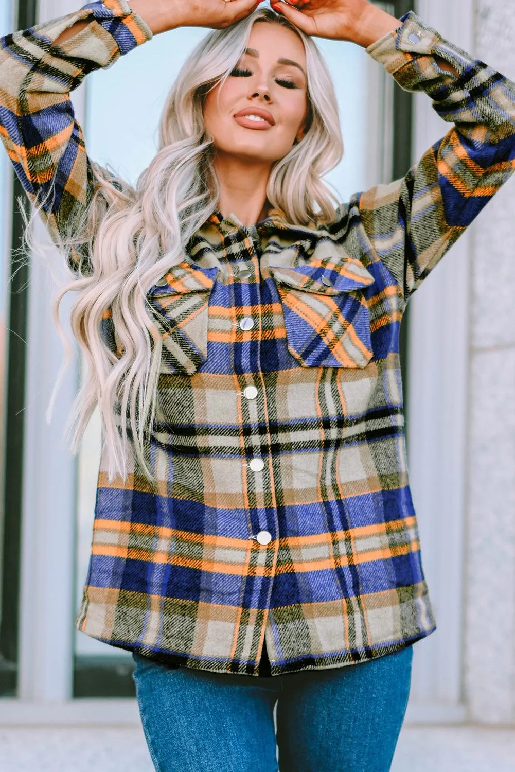 Brown Plaid Button Up Long Sleeve Flannel Shacket - Trendy Style