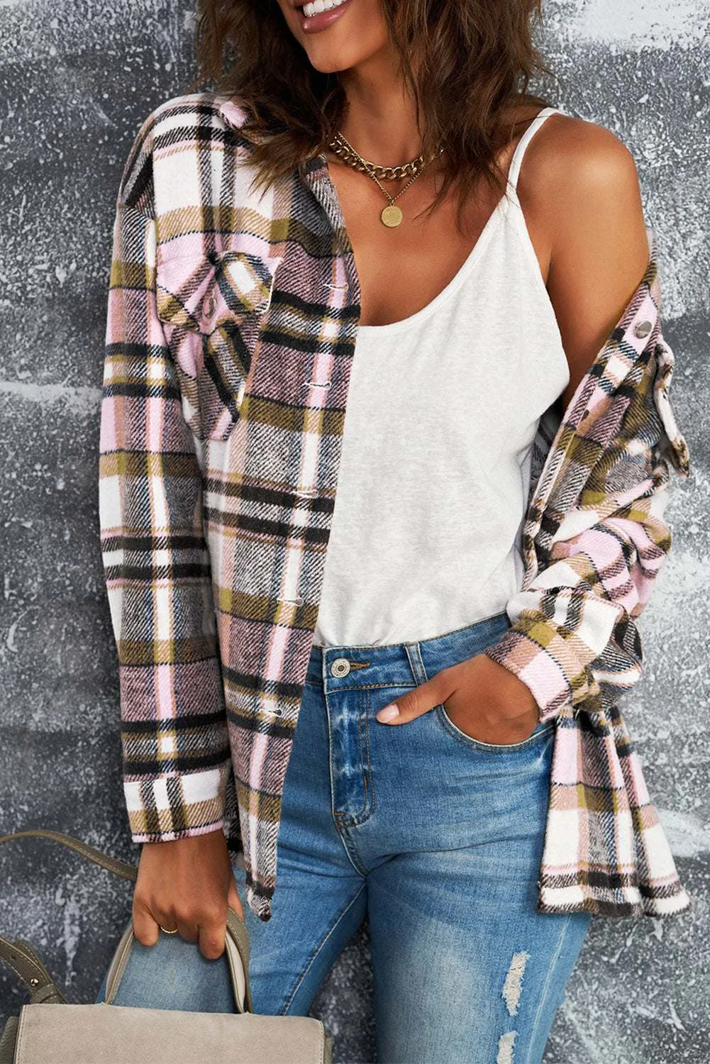 Brown Plaid Button Up Long Sleeve Flannel Shacket - Trendy Style