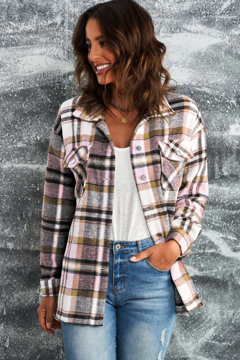 Brown Plaid Button Up Long Sleeve Flannel Shacket - Trendy Style