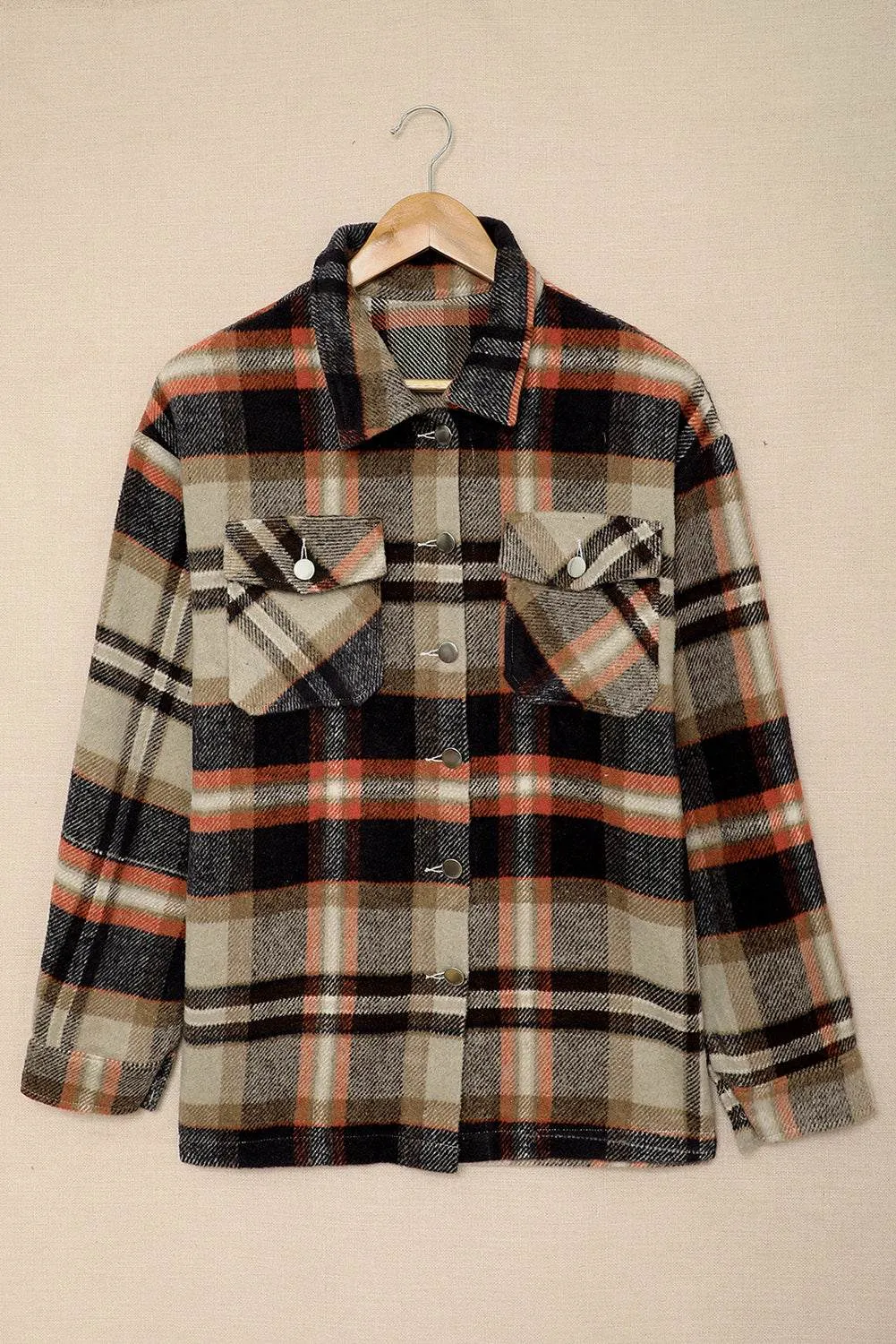 Brown Plaid Button Up Long Sleeve Flannel Shacket - Trendy Style