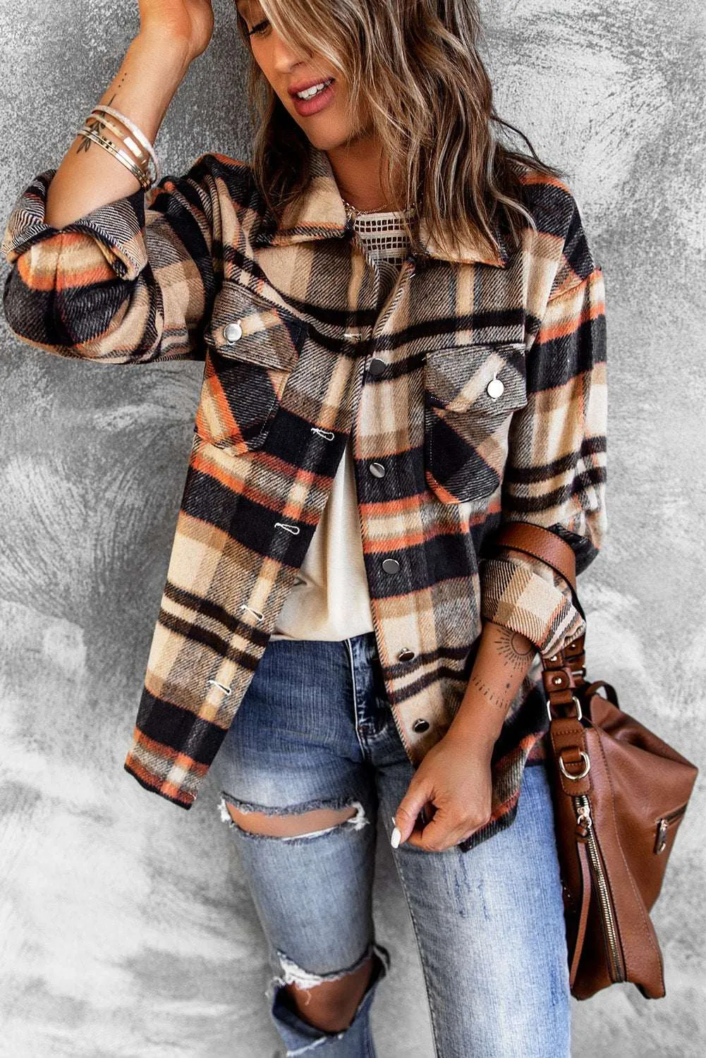 Brown Plaid Button Up Long Sleeve Flannel Shacket - Trendy Style