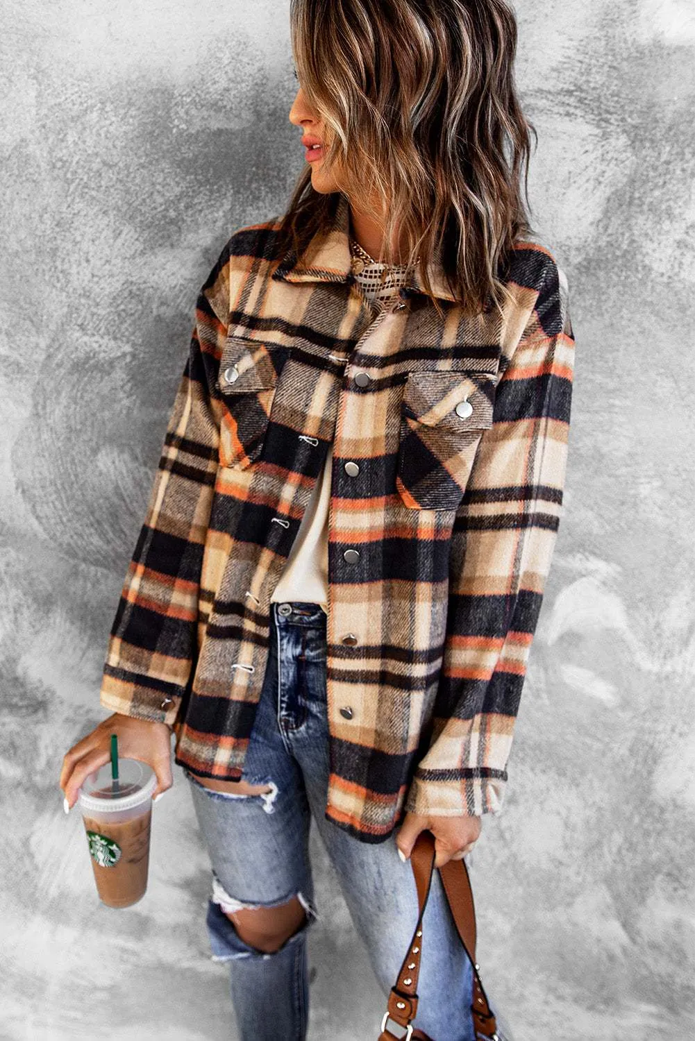 Brown Plaid Button Up Long Sleeve Flannel Shacket - Trendy Style