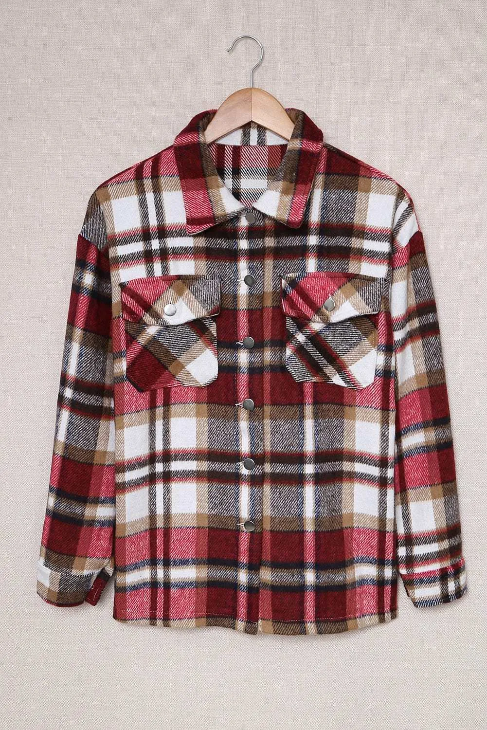 Brown Plaid Button Up Long Sleeve Flannel Shacket - Trendy Style