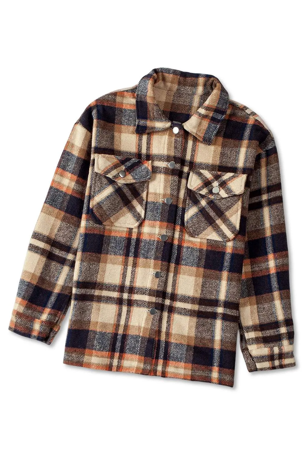 Brown Plaid Button Up Long Sleeve Flannel Shacket - Trendy Style