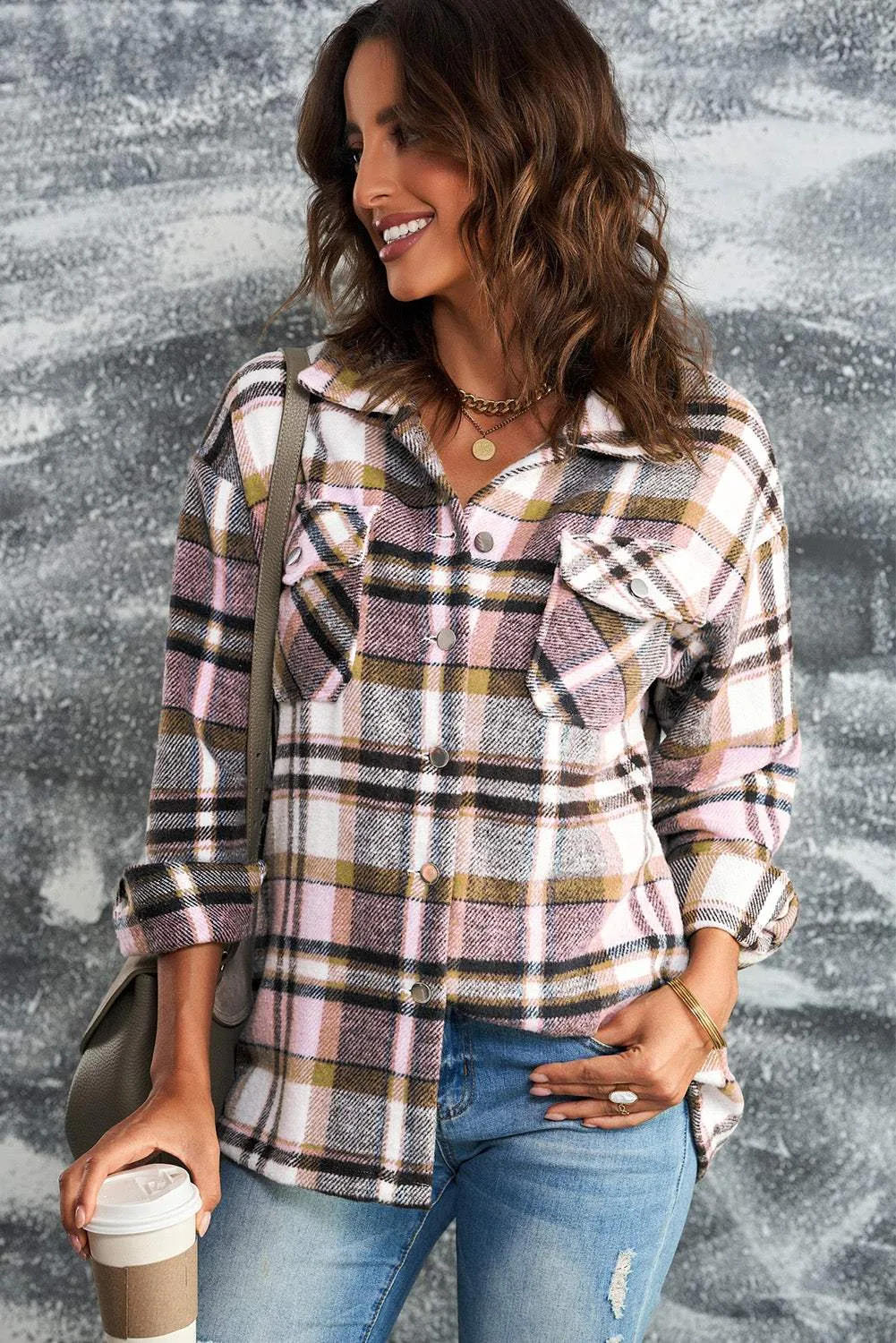 Brown Plaid Button Up Long Sleeve Flannel Shacket - Trendy Style