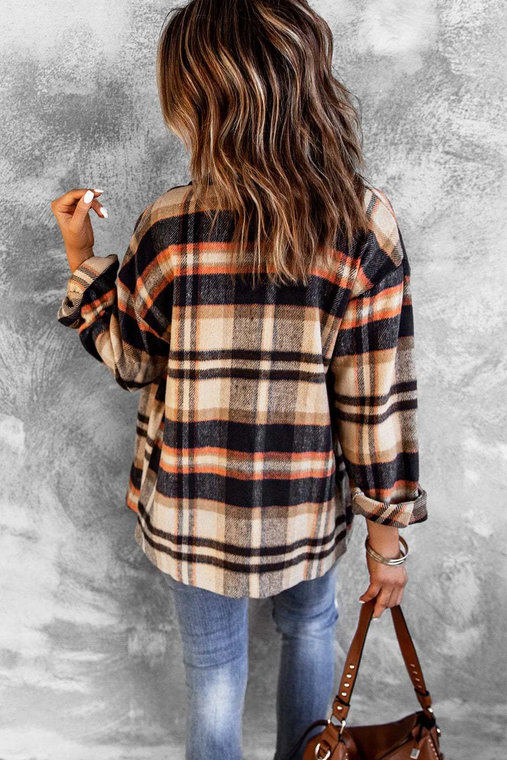 Brown Plaid Button Up Long Sleeve Flannel Shacket - Trendy Style