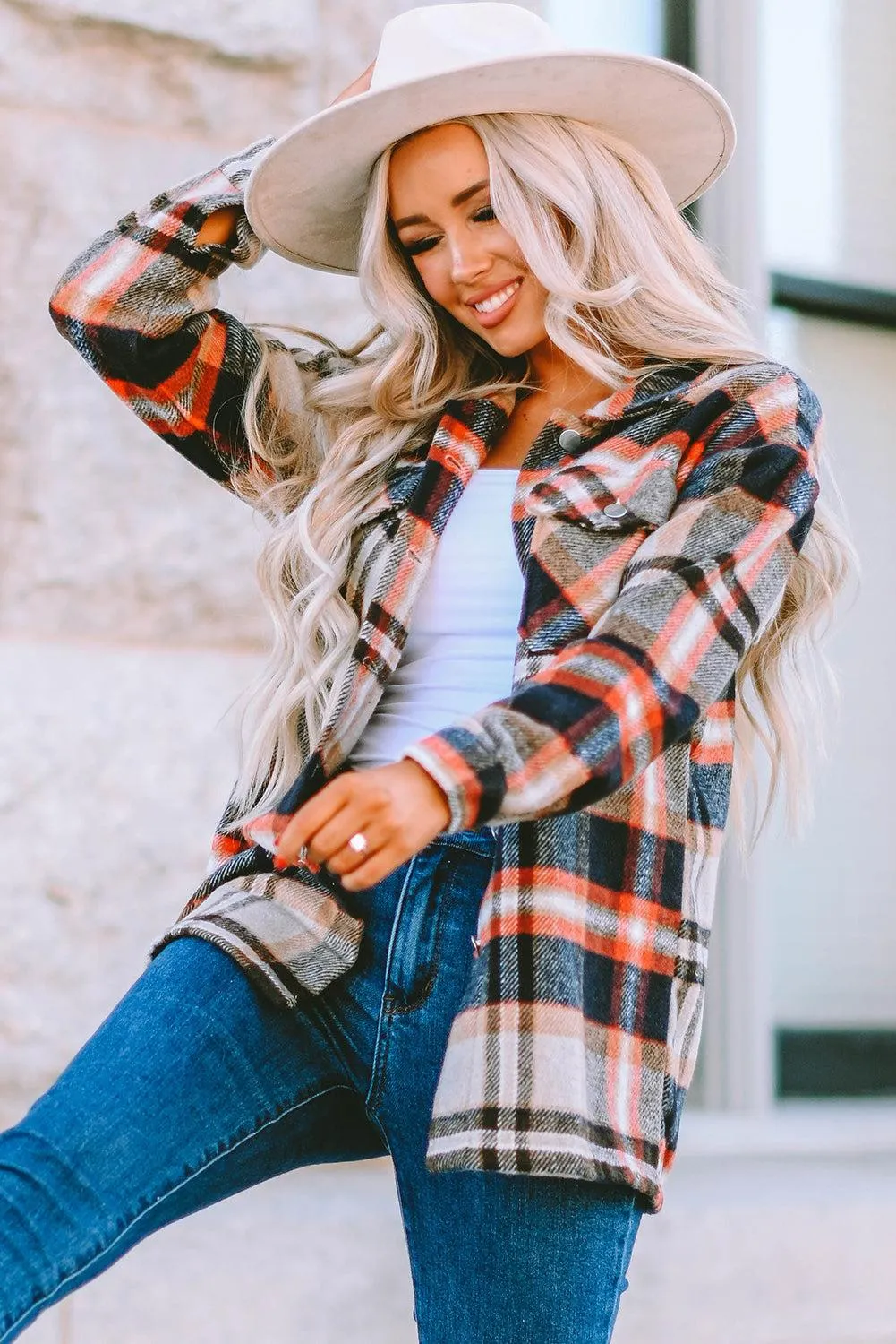 Brown Plaid Button Up Long Sleeve Flannel Shacket - Trendy Style