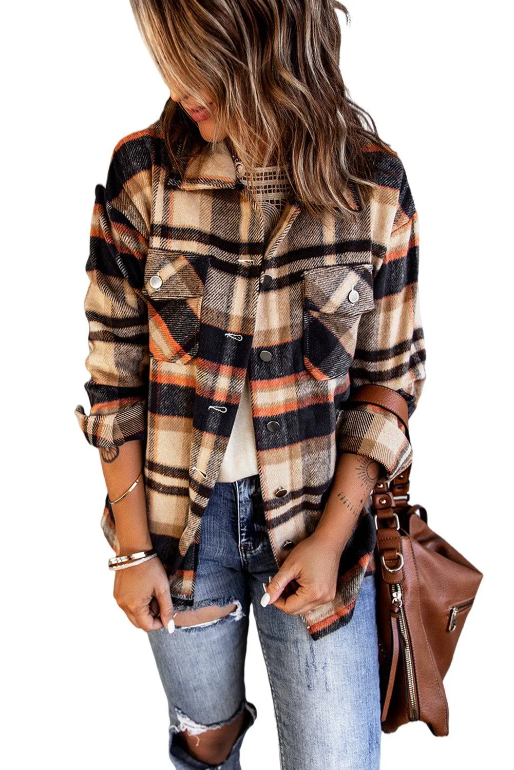 Brown Plaid Button Up Long Sleeve Flannel Shacket - Trendy Style