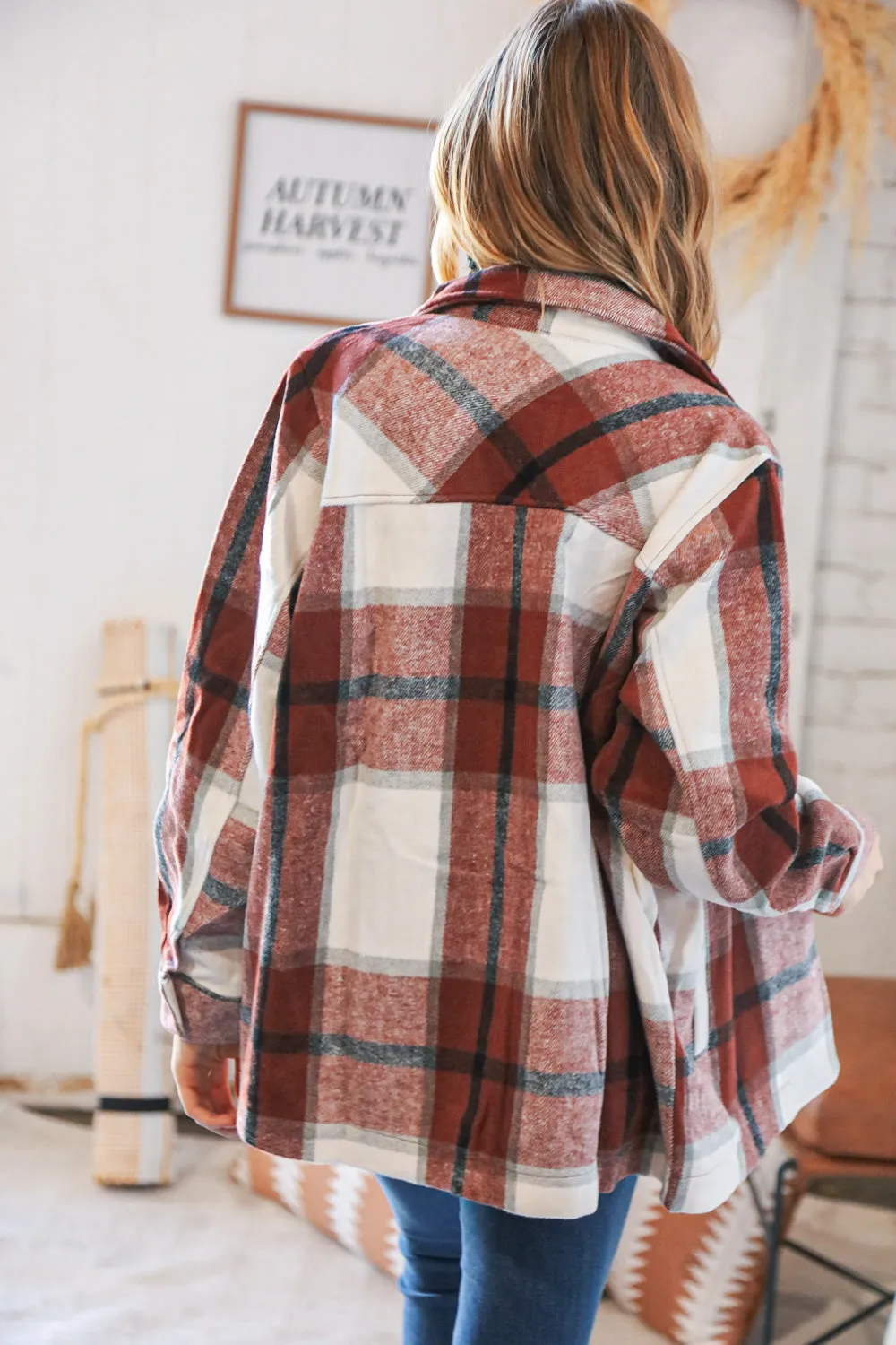 Burgundy Yarn Dyed Plaid Oversized Pocketed Shacket