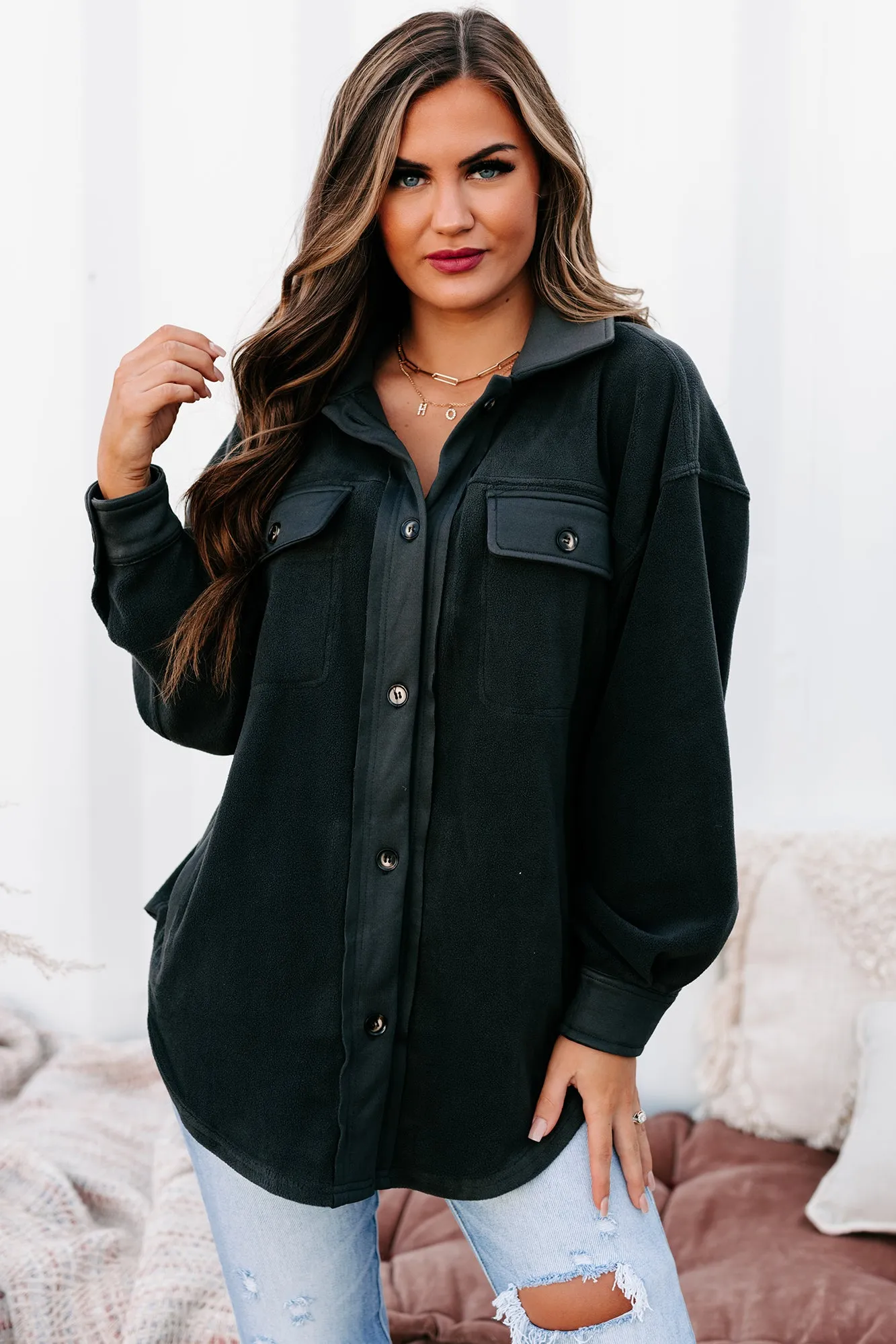 Call It Comfort Oversized Fleece Shacket (Charcoal)