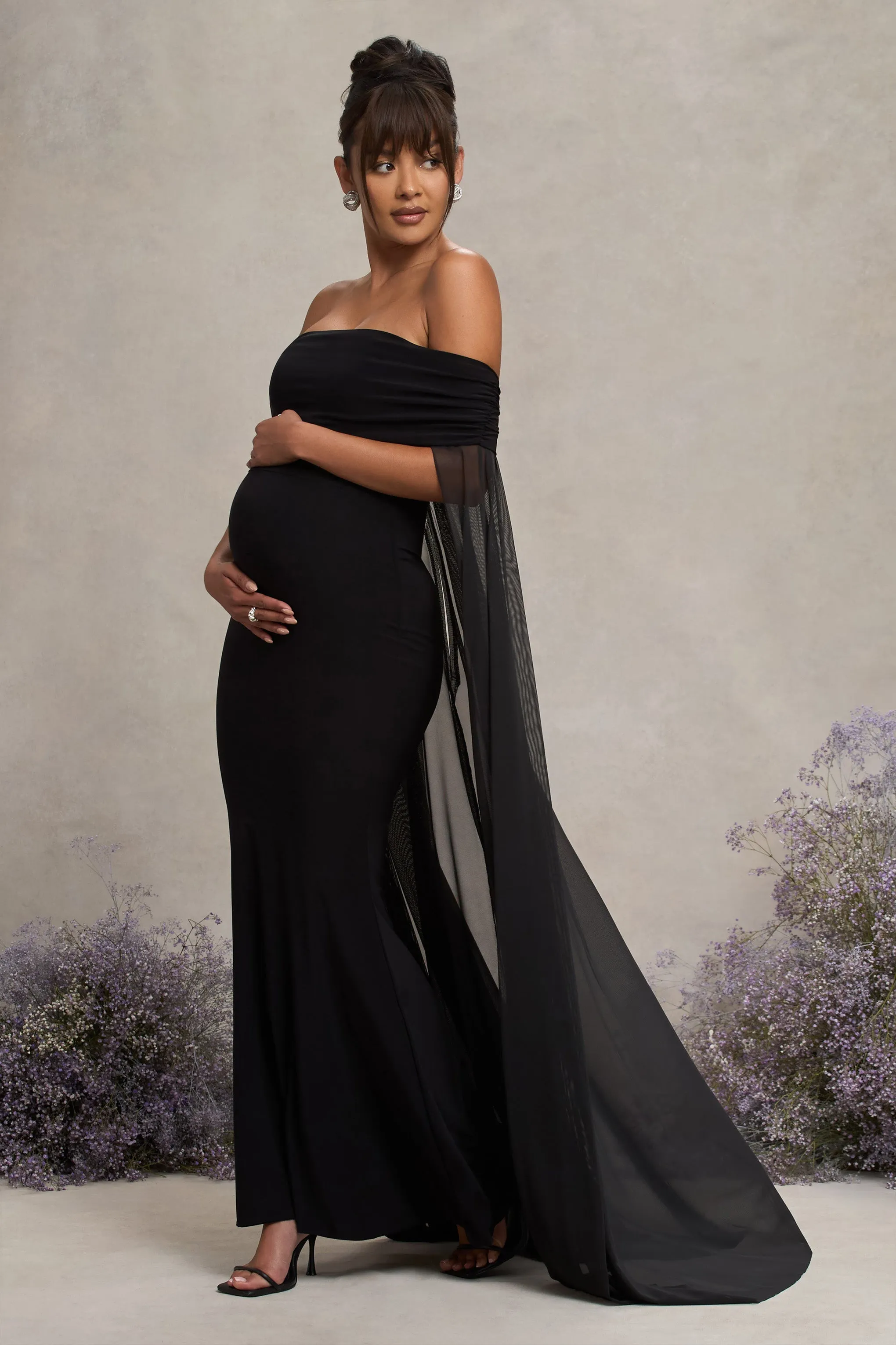 Carlotta | Black Bardot Maternity Maxi Dress With Chiffon Cape