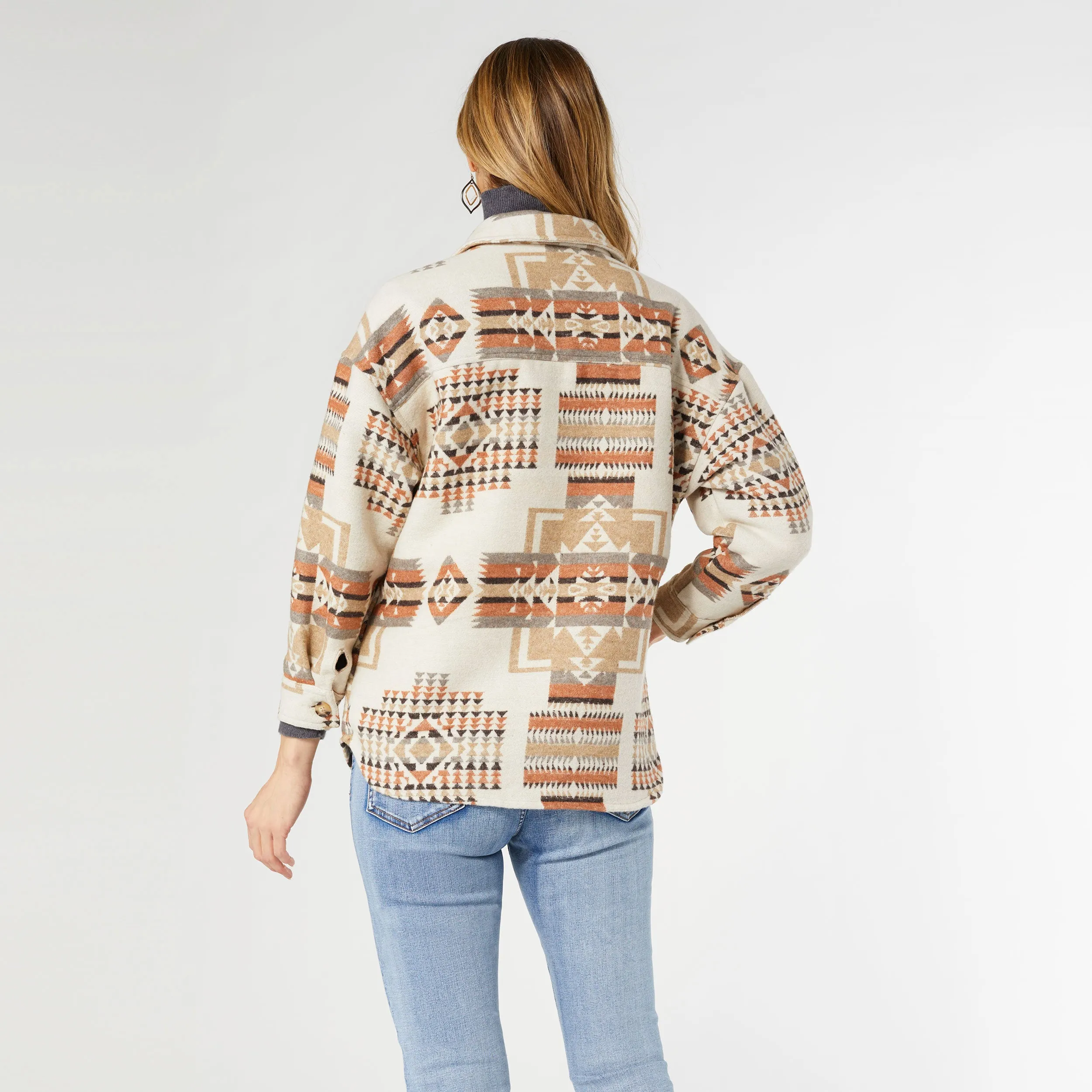 Carrina Aztec Print Shacket with Pockets - Cream/Rust Aztec