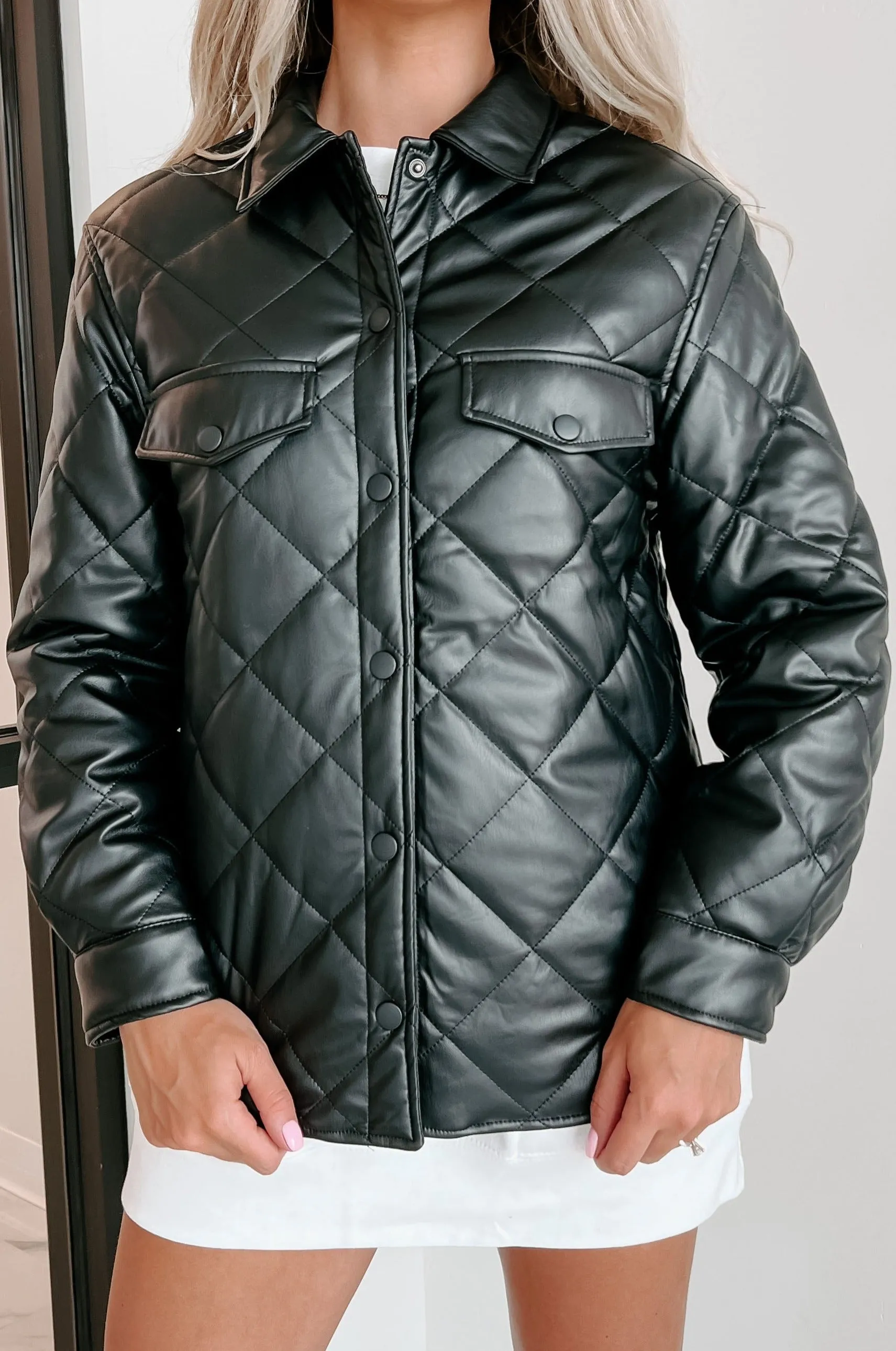 Charisma Faux Leather Quilted Shacket (Black)