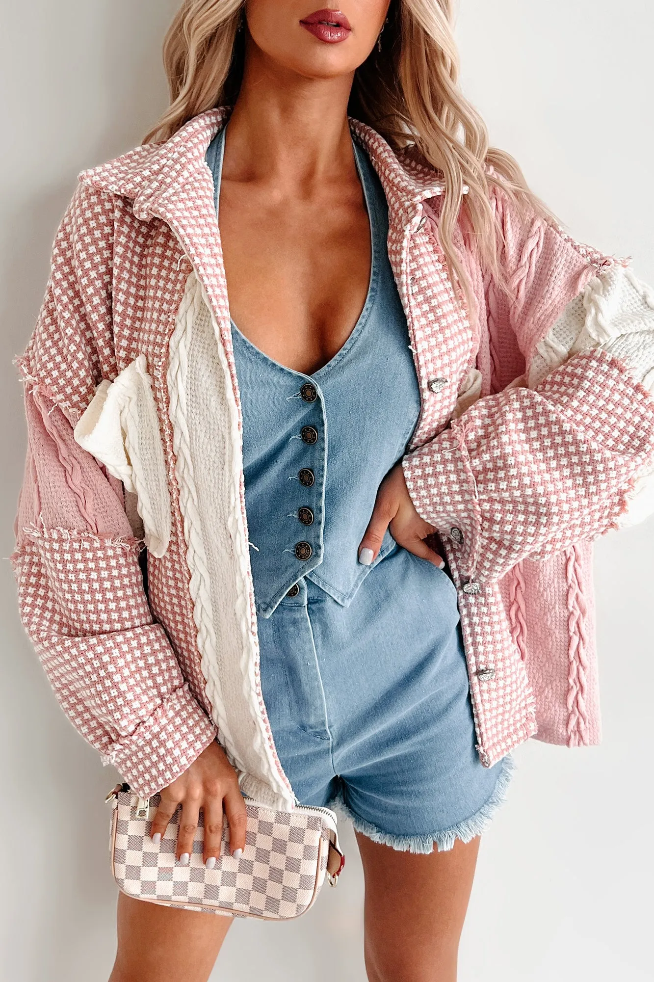 Charmingly Sweet Oversized Patchwork Shacket (Pink Multi)