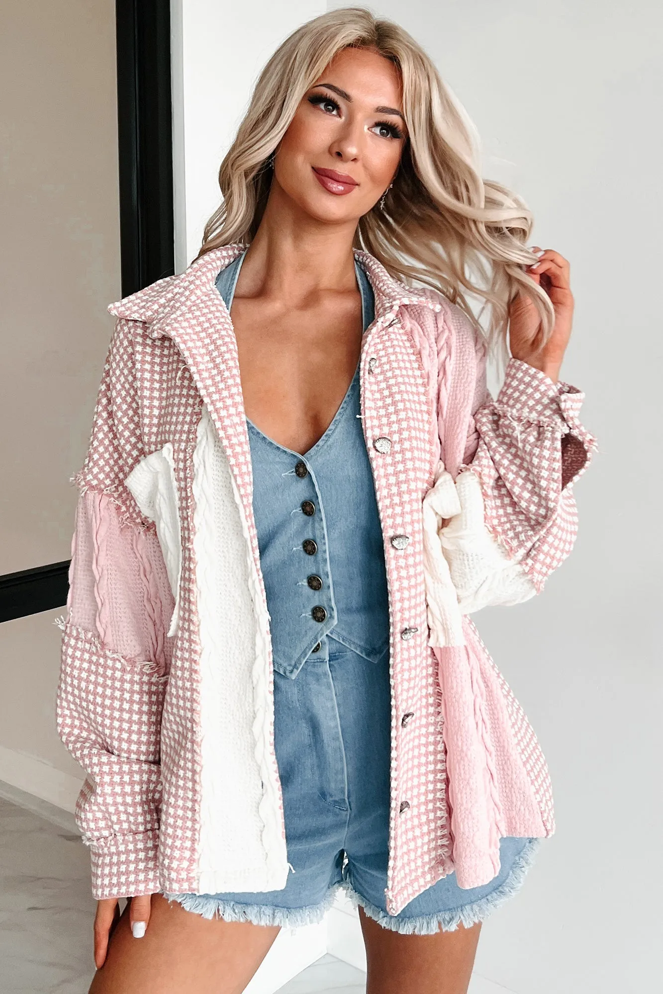 Charmingly Sweet Oversized Patchwork Shacket (Pink Multi)