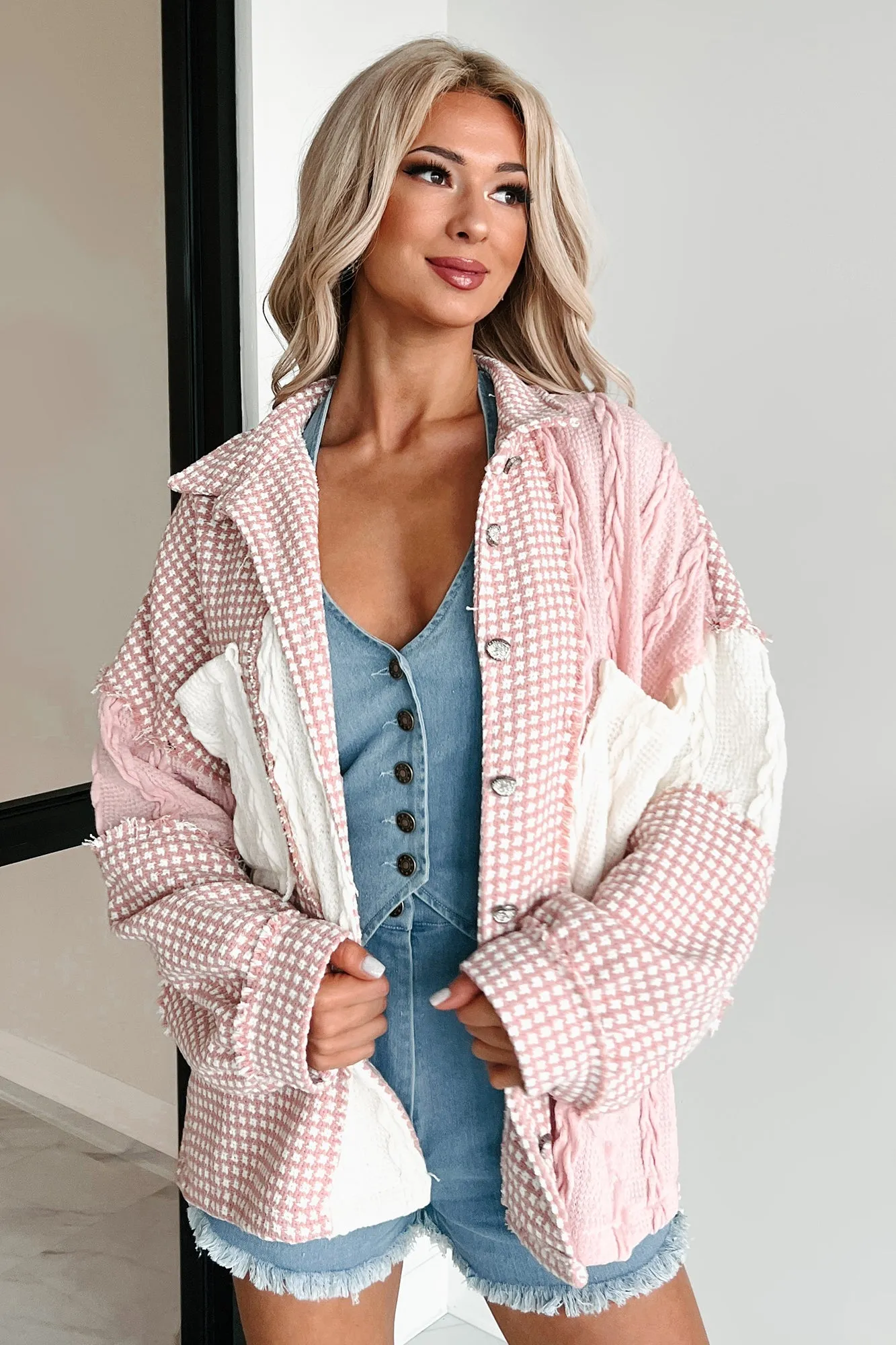 Charmingly Sweet Oversized Patchwork Shacket (Pink Multi)