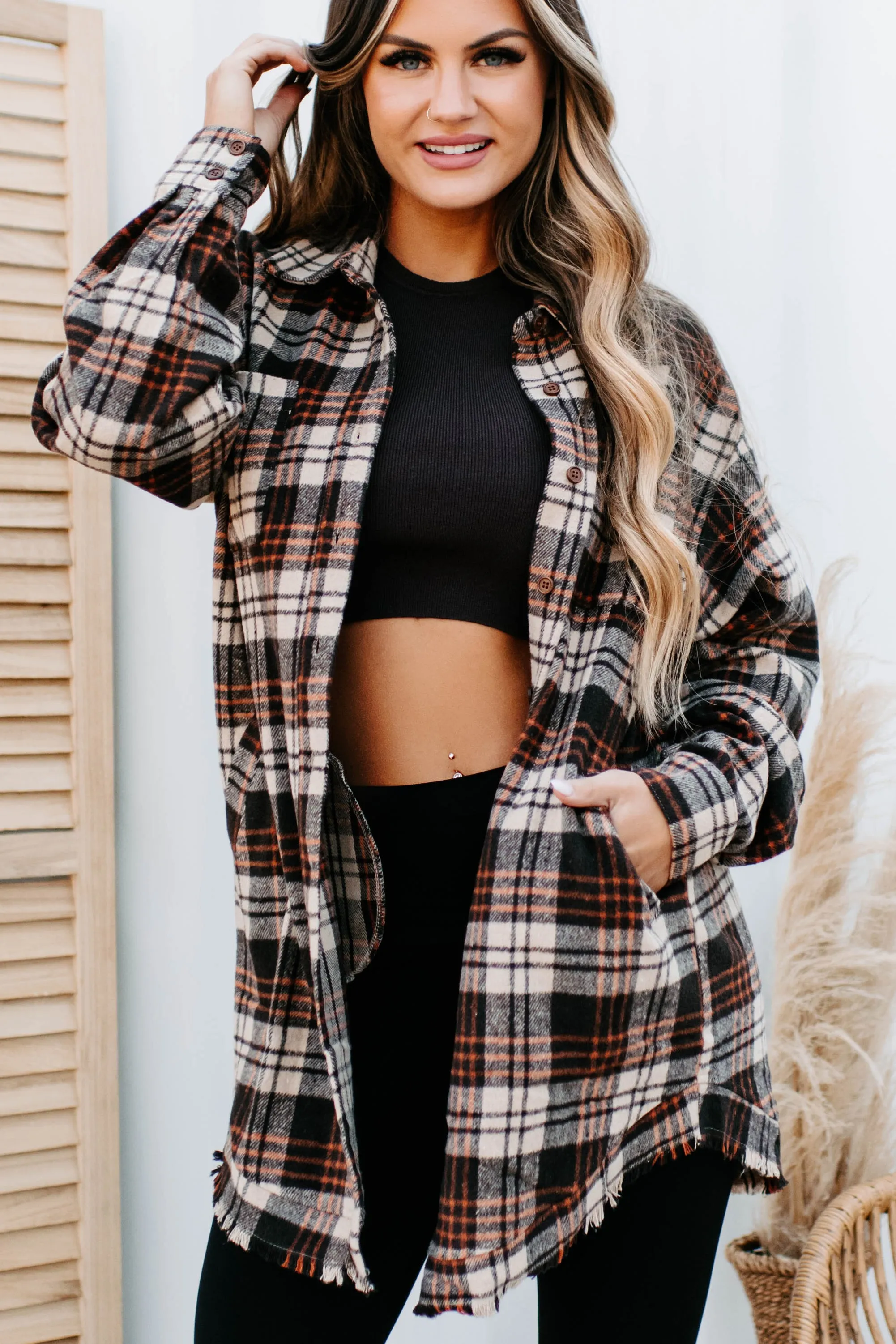 Ciders & Bonfires Long Plaid Shacket (Brown/Orange)